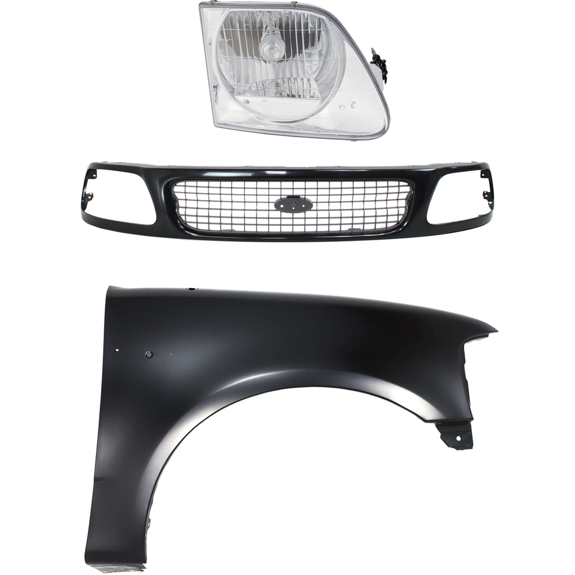 AM EXPEDITION F 150 F 250-97-98 GRILLE Painted Black Shell with Chrome Insert 3 pc Kit with Fender and Headlight SKU KIT 022423-85001 Partslink FO1200386 FO1241191 FO2503182 OEM F85Z8200FPTM 2L3Z16005BA 3L3Z1