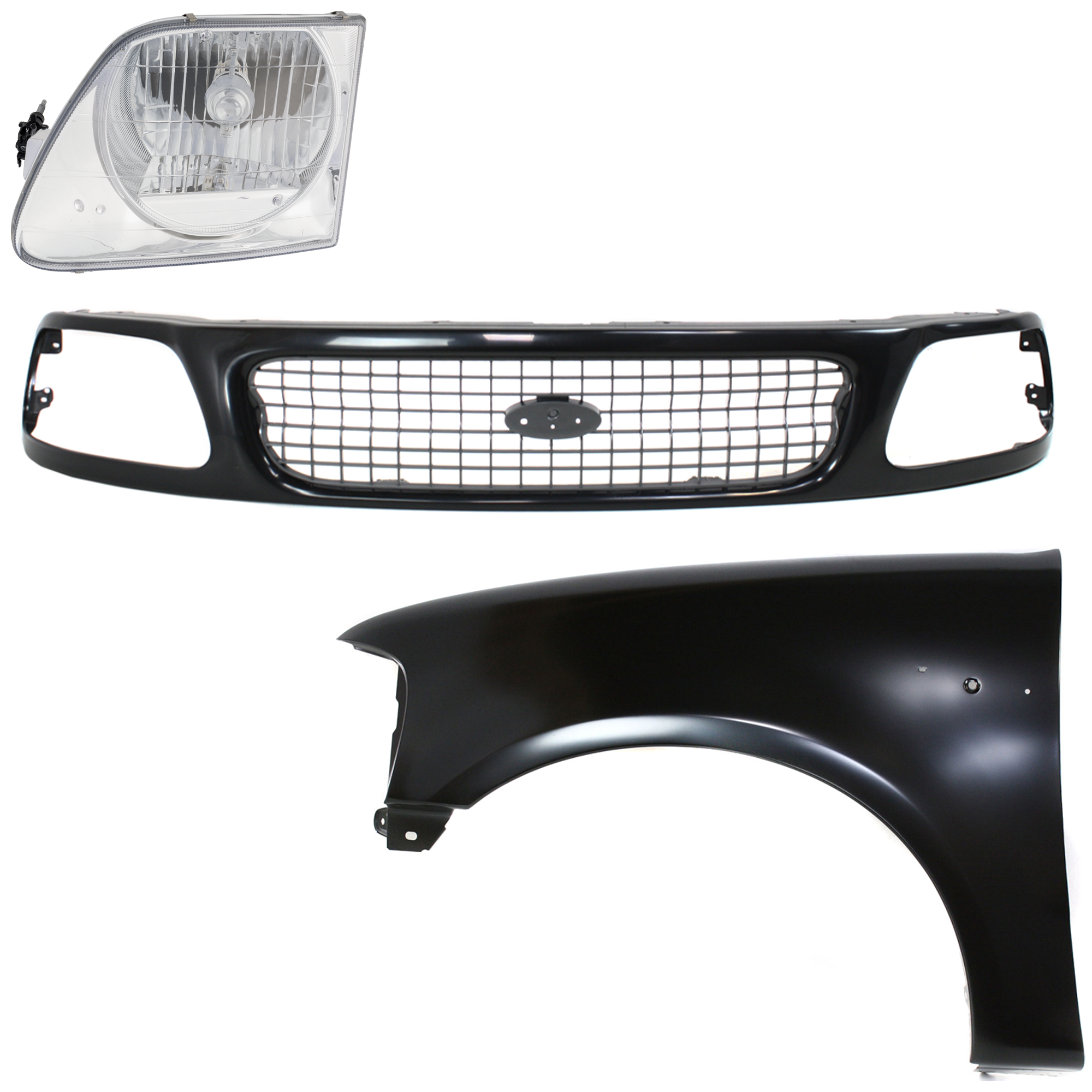 AM EXPEDITION F 150 F 250-97-98 FRONT FENDER LH Primed 3 pc Kit with Grille and Headlight SKU KIT 022423-85002 Partslink FO1240191 FO1200386 FO2502182 OEM 2L3Z16006BA F85Z8200FPTM 3L3Z1