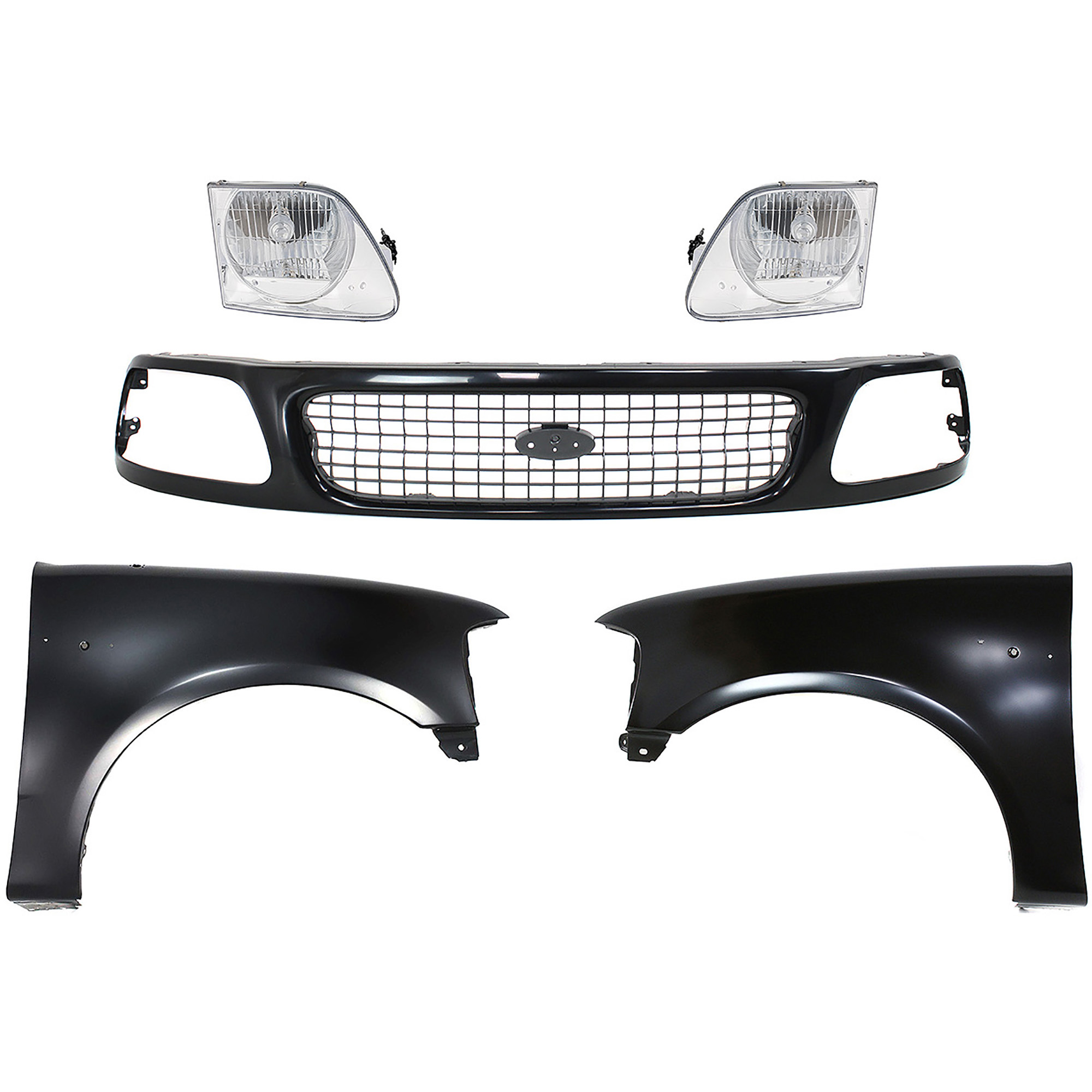 AM EXPEDITION F 150 F 250-97-98 FRONT FENDER RH AND LH Primed 5 pc Kit with Grille and Headlights SKU KIT 022423-850 Partslink FO1240191 FO1241191 FO1200386 FO2503182 FO2502182 OEM 2L3Z16006BA 2L3Z16005BA F85Z82