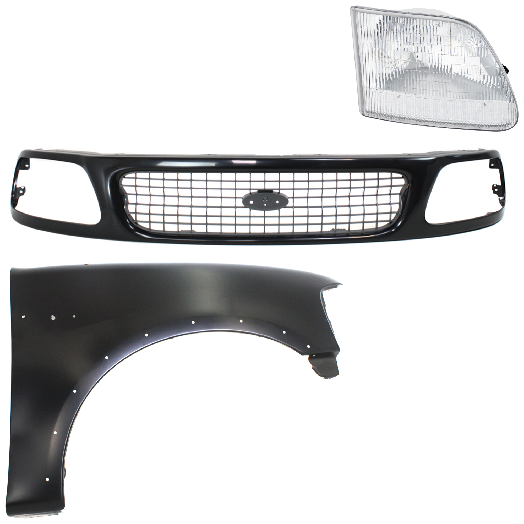 AM EXPEDITION F 150 F 250-97-98 FRONT FENDER RH Primed 3 pc Kit with Grille and Headlight SKU KIT 022423-85201 Partslink FO1241192 FO1200386 FO2503139 OEM 2L3Z16005AA F85Z8200FPTM 3L3Z1