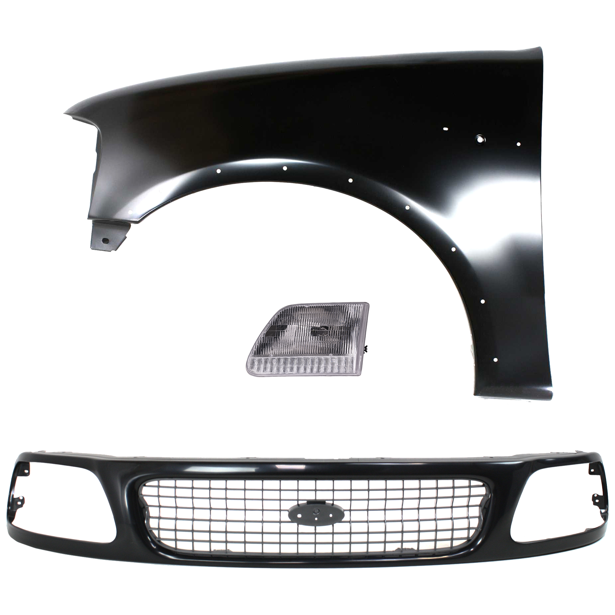 AM EXPEDITION F 150 F 250-97-98 FRONT FENDER LH Primed 3 pc Kit with Grille and Headlight SKU KIT 022423-85202 Partslink FO1240192 FO1200386 FO2502139 OEM 2L3Z16006AA F85Z8200FPTM 3L3Z1