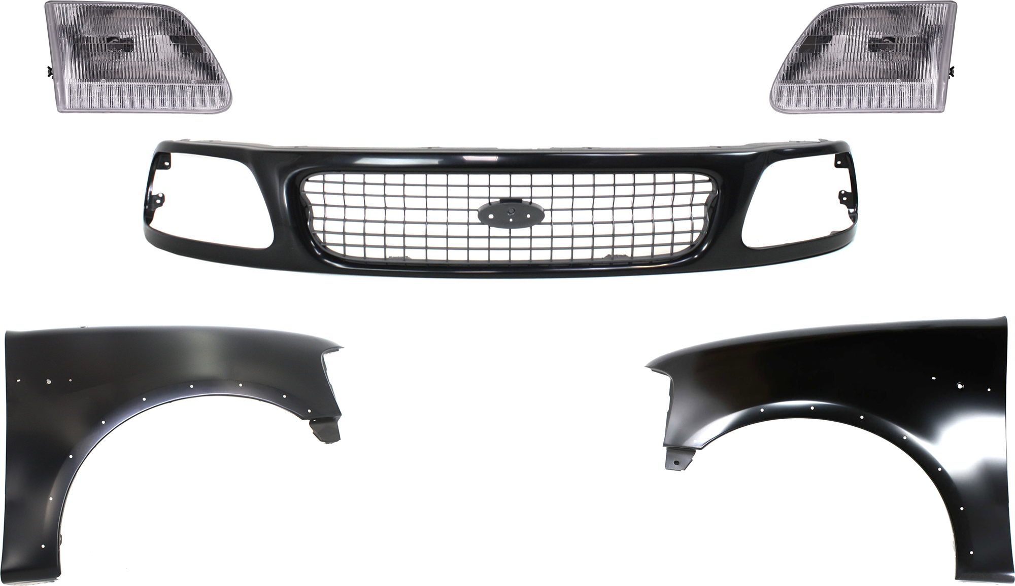 AM EXPEDITION F 150 F 250-97-98 FRONT FENDER RH AND LH Primed 5 pc Kit with Grille and Headlights SKU KIT 022423-852 Partslink FO1241192 FO1240192 FO1200386 FO2503139 FO2502139 OEM 2L3Z16005AA 2L3Z16006AA F85Z82