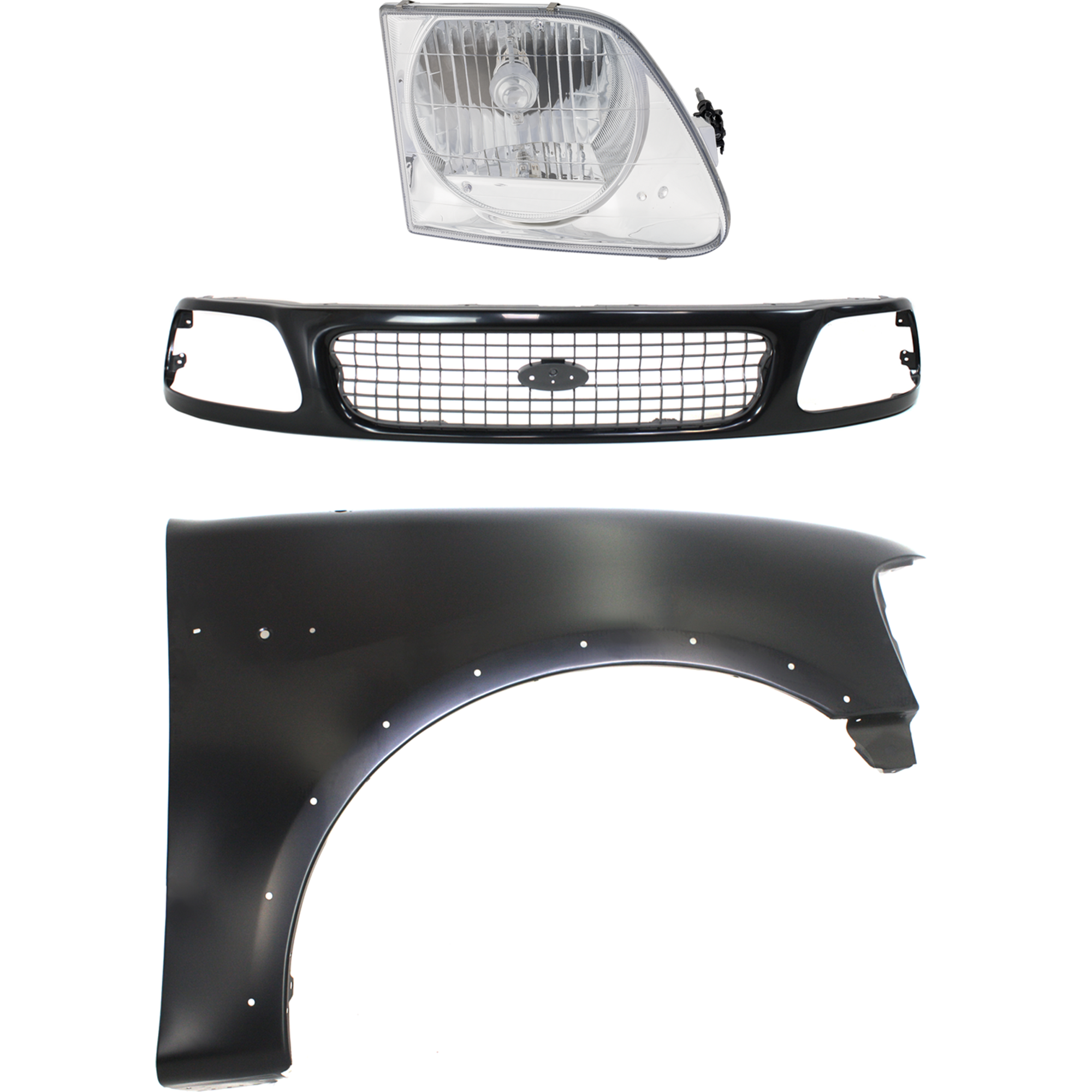 AM EXPEDITION F 150 F 250-97-98 FRONT FENDER RH Primed 3 pc Kit with Grille and Headlight SKU KIT 022423-85301 Partslink FO1241192 FO1200386 FO2503182 OEM 2L3Z16005AA F85Z8200FPTM 3L3Z1