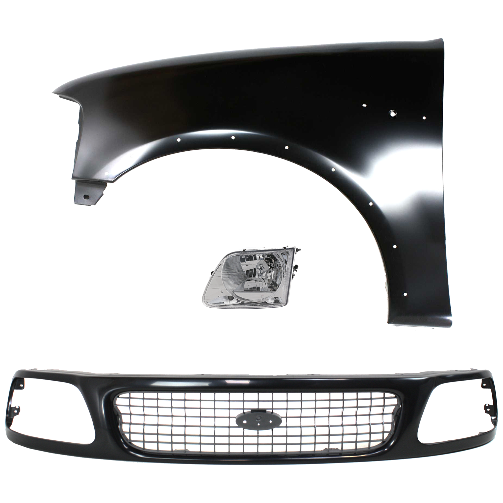 AM EXPEDITION F 150 F 250-97-98 FRONT FENDER LH Primed 3 pc Kit with Grille and Headlight SKU KIT 022423-85302 Partslink FO1240192 FO1200386 FO2502182 OEM 2L3Z16006AA F85Z8200FPTM 3L3Z1