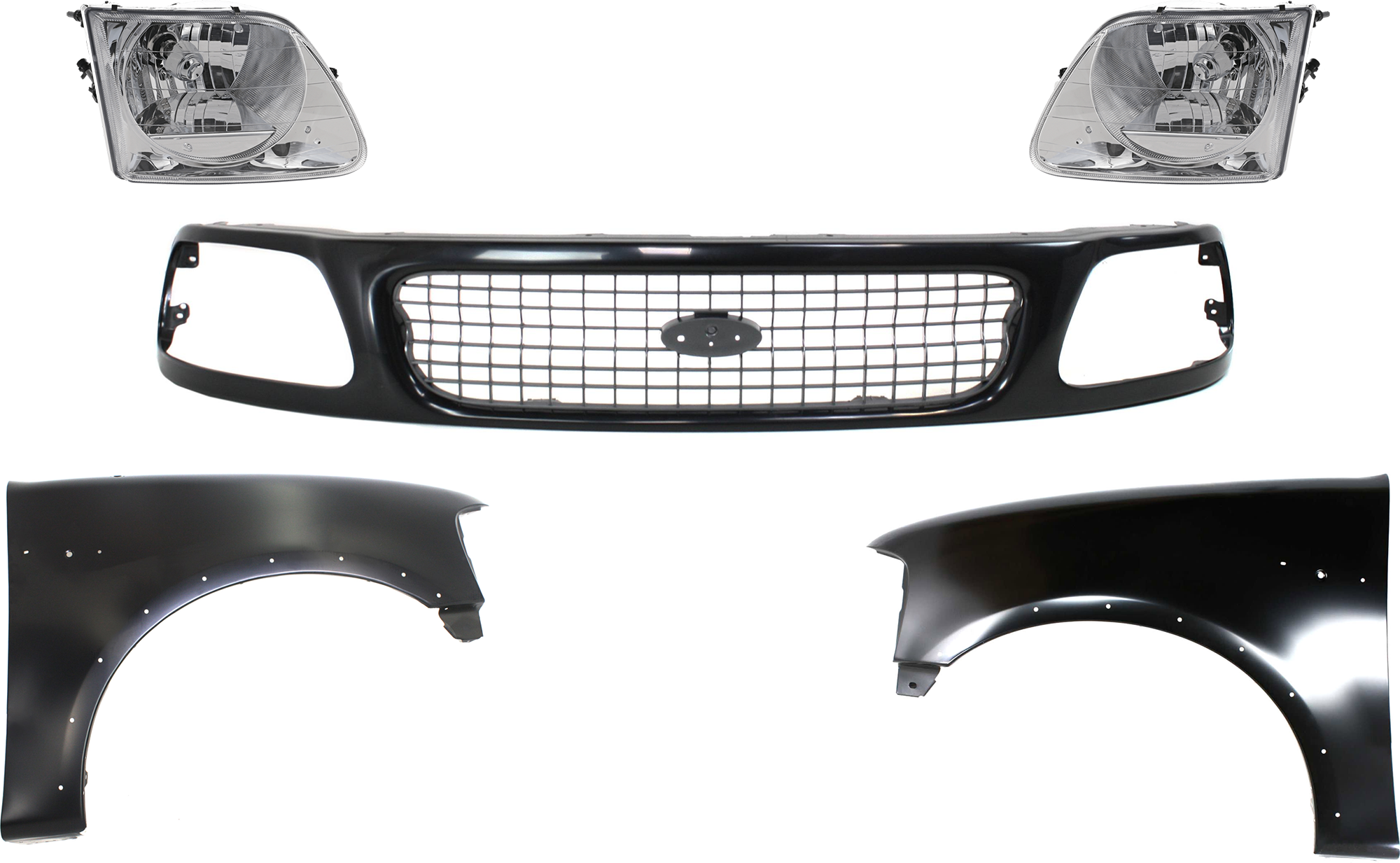 AM EXPEDITION F 150 F 250-97-98 FRONT FENDER RH AND LH Primed 5 pc Kit with Grille and Headlights SKU KIT 022423-853 Partslink FO1241192 FO1240192 FO1200386 FO2503182 FO2502182 OEM 2L3Z16005AA 2L3Z16006AA F85Z82