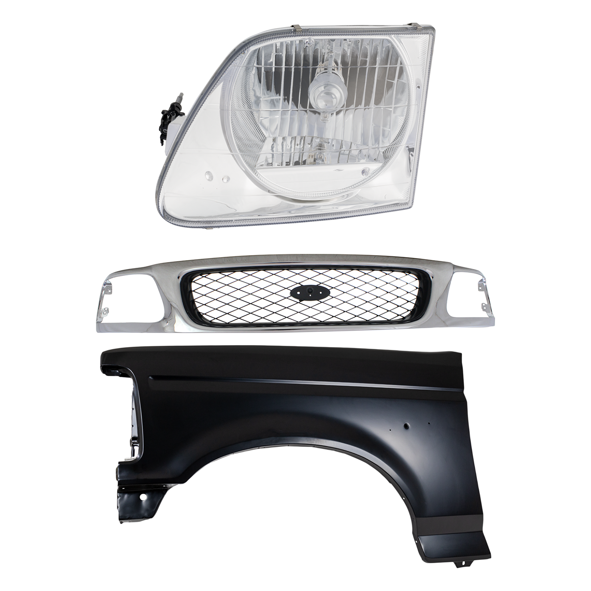 AM F 150-97-97 FRONT FENDER LH Primed 3 pc Kit with Grille and Headlight SKU KIT 022423-85602 Partslink FO1240138 FO1200380 FO2502182 OEM F4TZ16006A F65Z8200AAN 3L3Z130