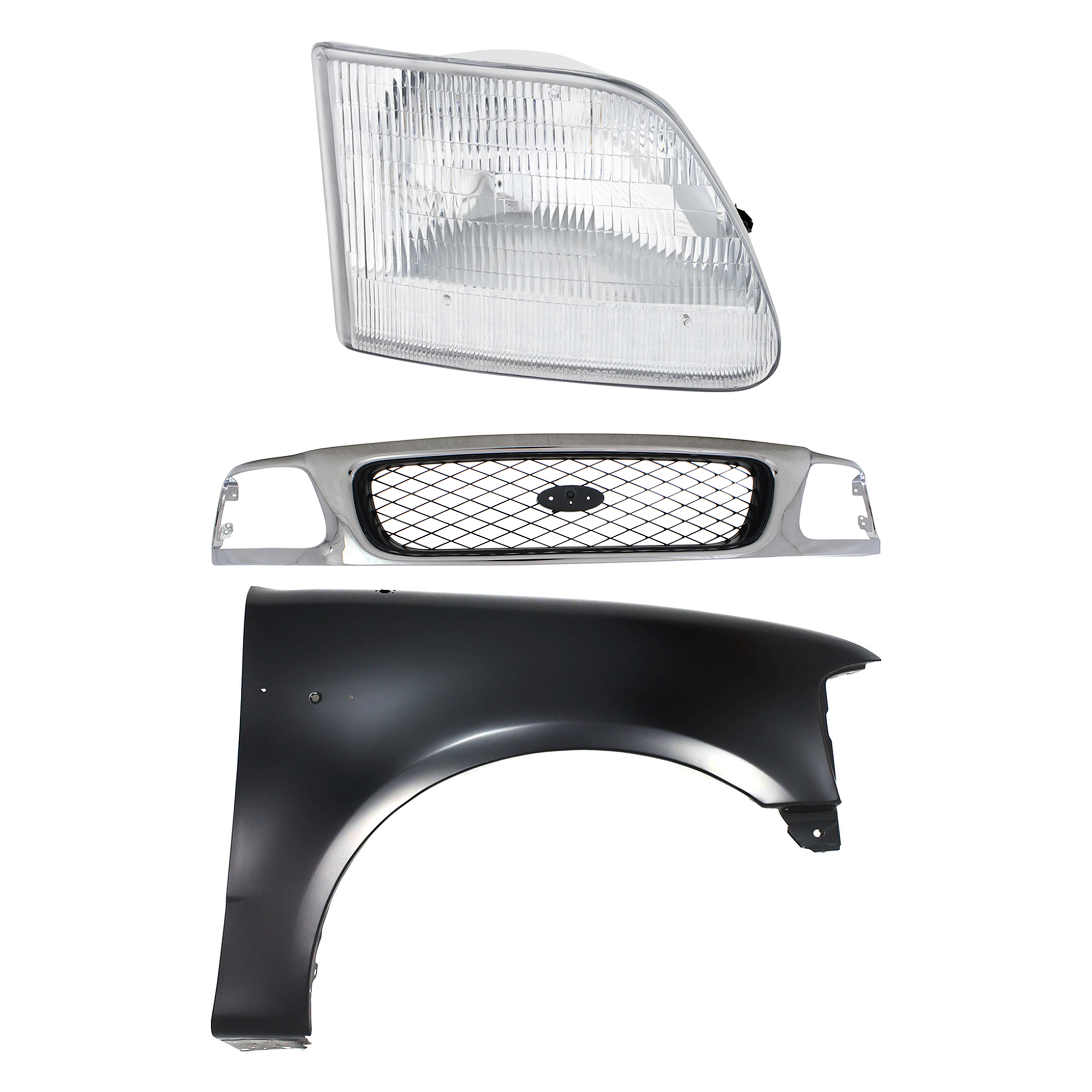 AM F 150 F 250-97-98 GRILLE Chrome Shell with Black Insert 3 pc Kit with Fender and Headlight SKU KIT 022423-85801 Partslink FO1200380 FO1241191 FO2503139 OEM F65Z8200AAN 2L3Z16005BA 3L3Z13