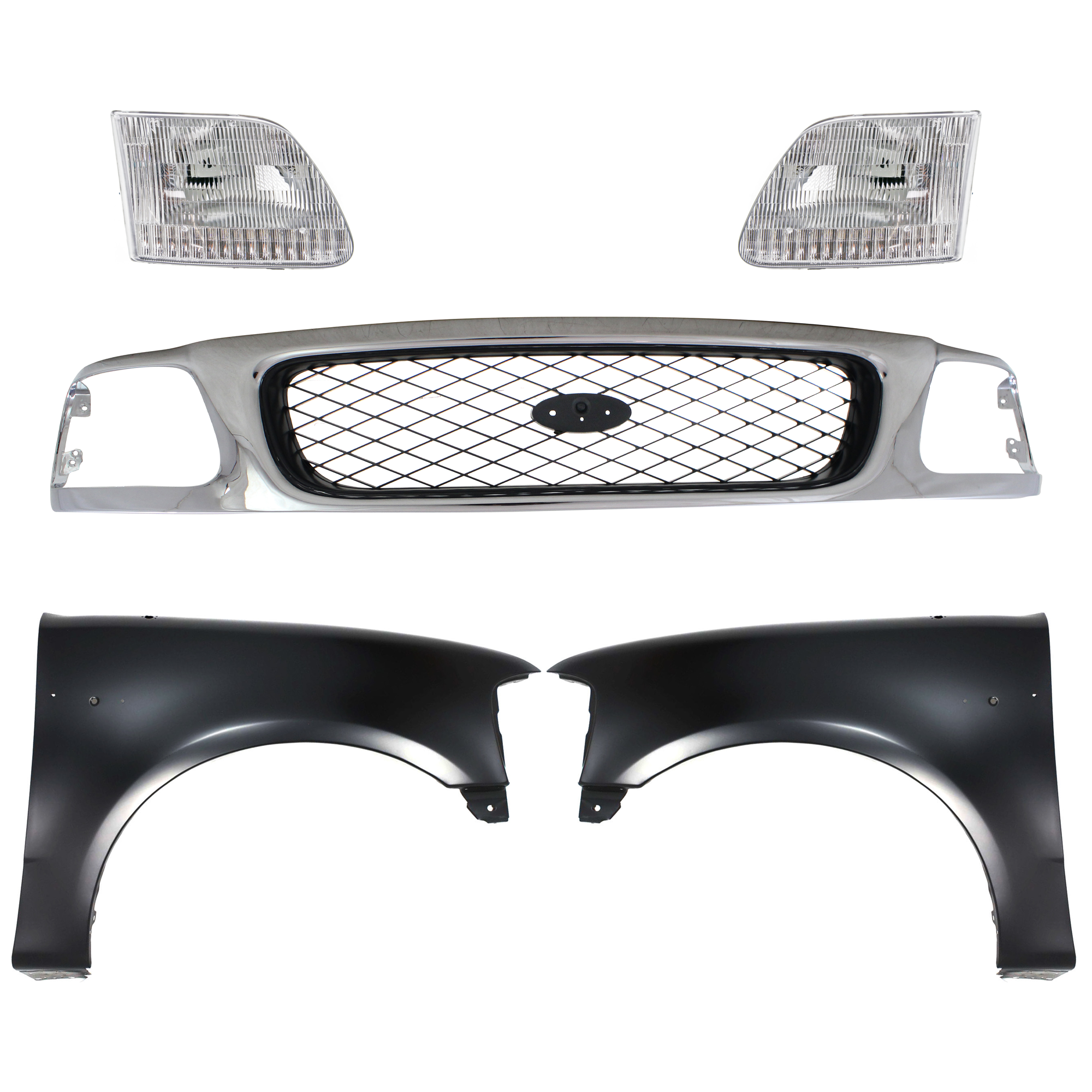 AM F 150 F 250-97-98 GRILLE Chrome Shell with Black Insert 5 pc Kit with Fenders and Headlights SKU KIT 022423-858 Partslink FO1200380 FO1241191 FO1240191 FO2503139 FO2502139 OEM F65Z8200AAN 2L3Z16005BA 2L3Z16
