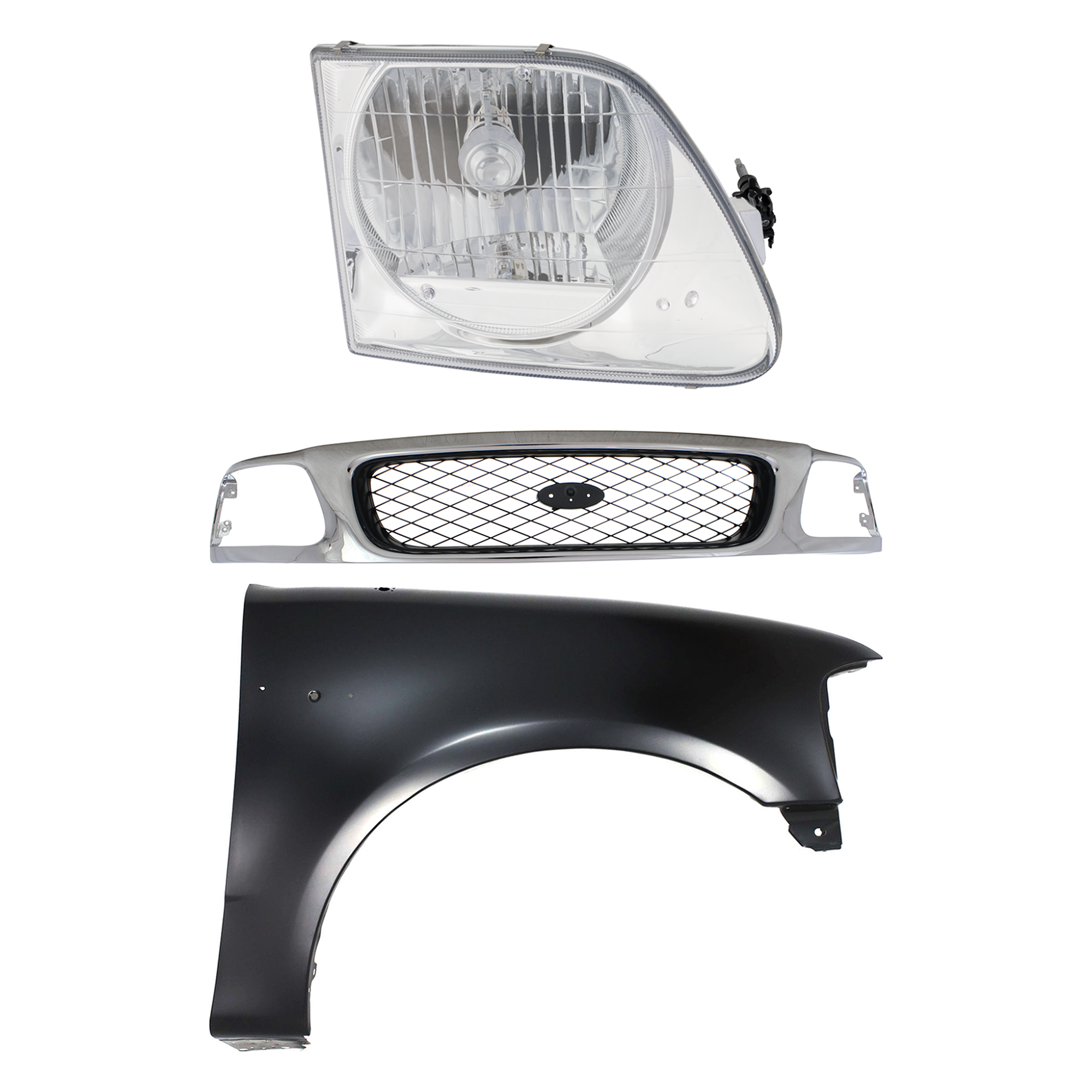 AM F 150 F 250-97-98 GRILLE Chrome Shell with Black Insert 3 pc Kit with Fender and Headlight SKU KIT 022423-85901 Partslink FO1200380 FO1241191 FO2503182 OEM F65Z8200AAN 2L3Z16005BA 3L3Z13