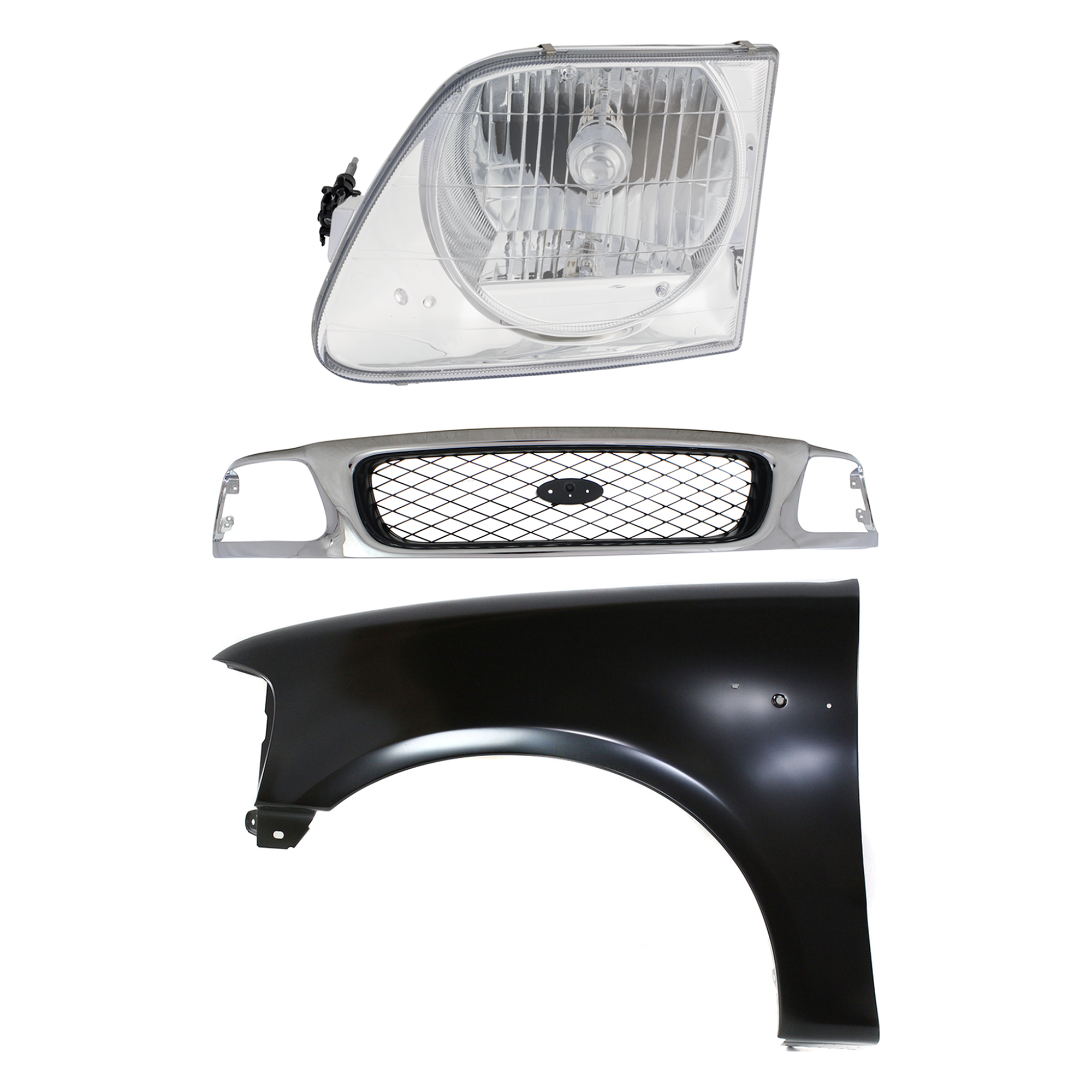 AM F 150 F 250-97-98 GRILLE Chrome Shell with Black Insert 3 pc Kit with Fender and Headlight SKU KIT 022423-85902 Partslink FO1200380 FO1240191 FO2502182 OEM F65Z8200AAN 2L3Z16006BA 3L3Z13