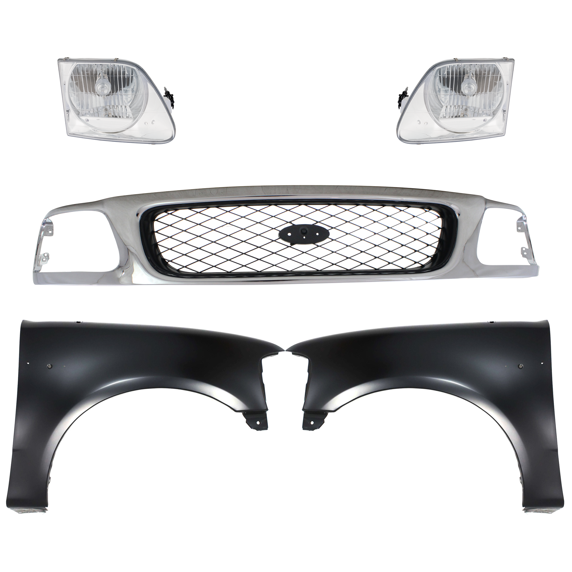 AM F 150 F 250-97-98 GRILLE Chrome Shell with Black Insert 5 pc Kit with Fenders and Headlights SKU KIT 022423-859 Partslink FO1200380 FO1241191 FO1240191 FO2503182 FO2502182 OEM F65Z8200AAN 2L3Z16005BA 2L3Z16