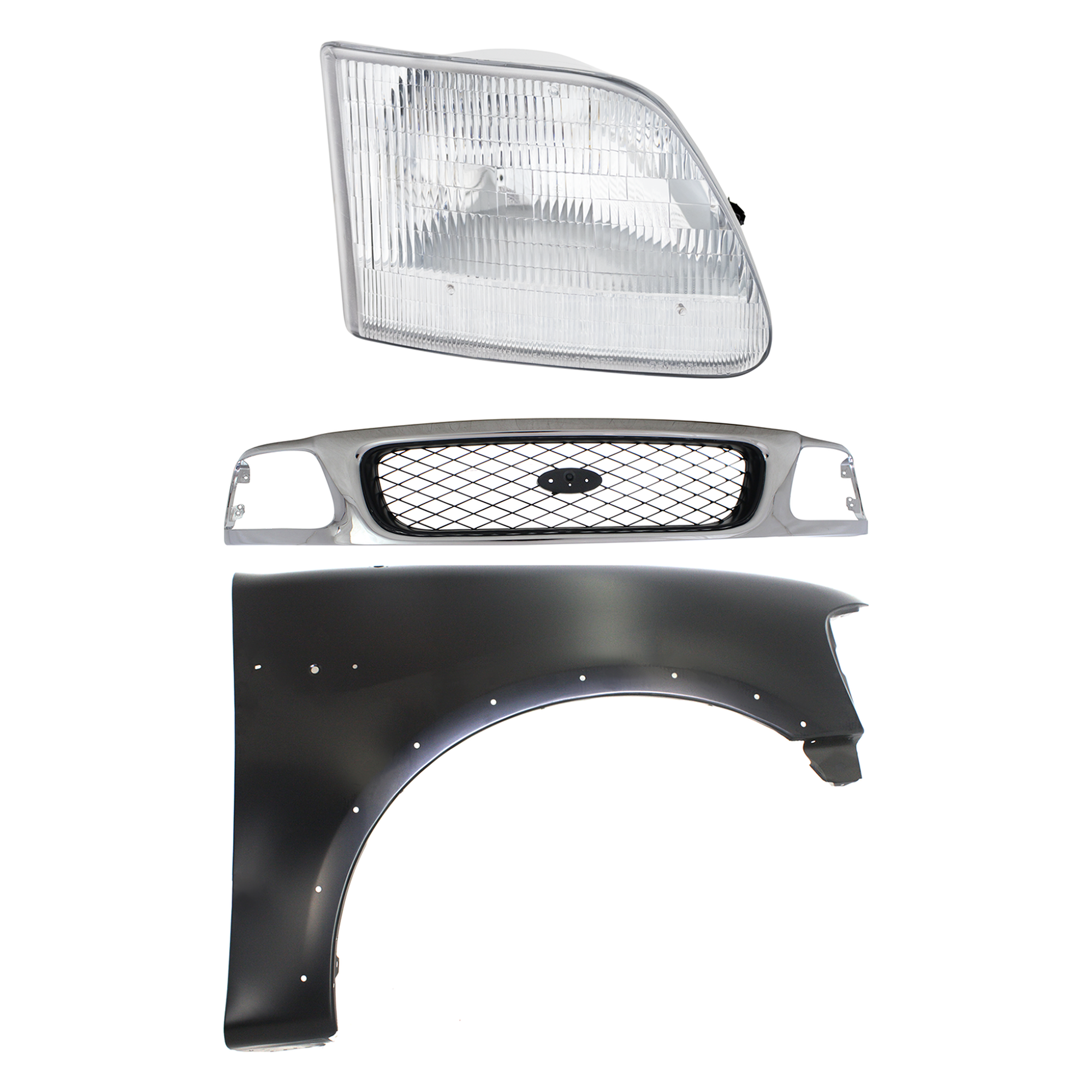 AM F 150 F 250-97-98 GRILLE Chrome Shell with Black Insert 3 pc Kit with Fender and Headlight SKU KIT 022423-86101 Partslink FO1200380 FO1241192 FO2503139 OEM F65Z8200AAN 2L3Z16005AA 3L3Z13