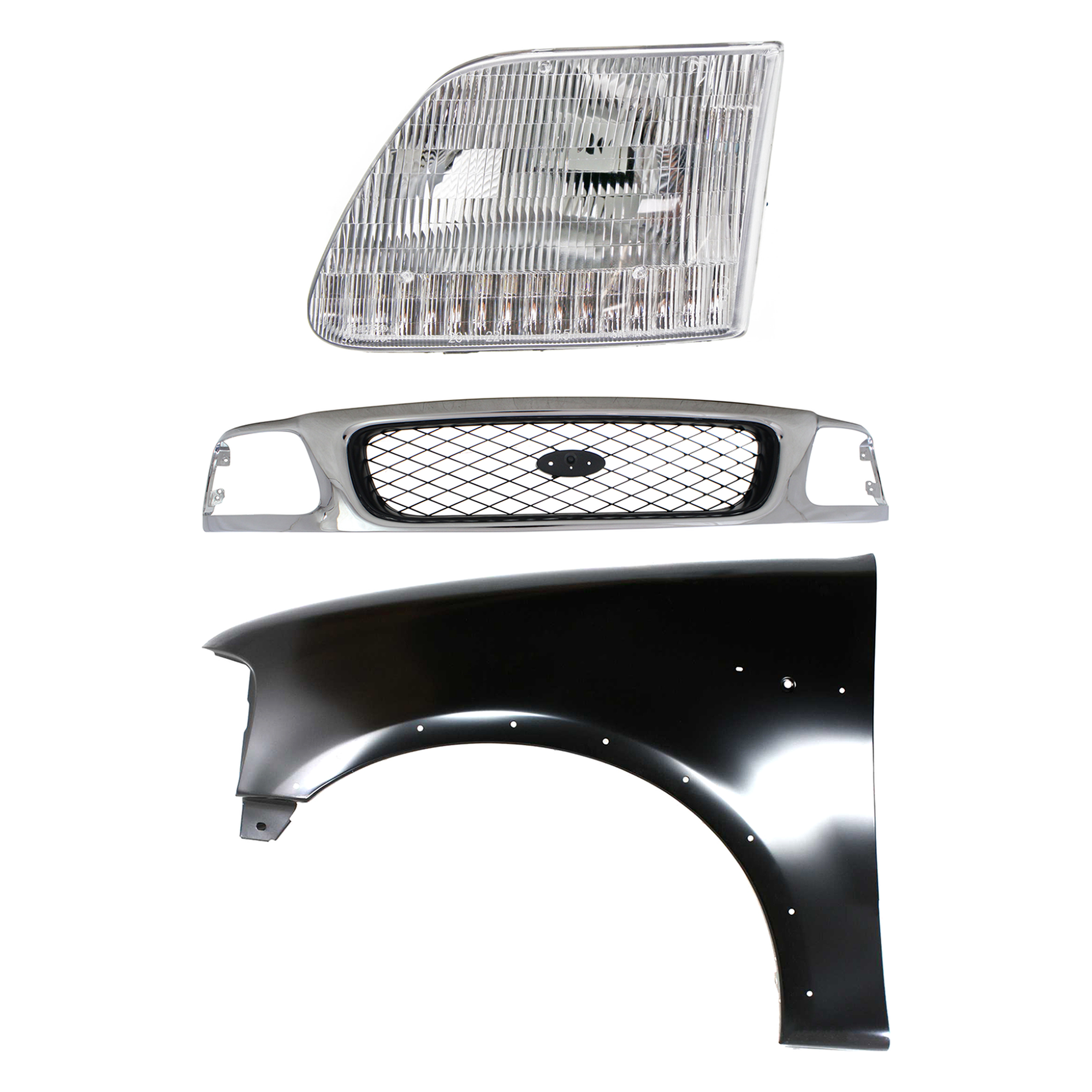 AM F 150 F 250-97-98 GRILLE Chrome Shell with Black Insert 3 pc Kit with Fender and Headlight SKU KIT 022423-86102 Partslink FO1200380 FO1240192 FO2502139 OEM F65Z8200AAN 2L3Z16006AA 3L3Z13