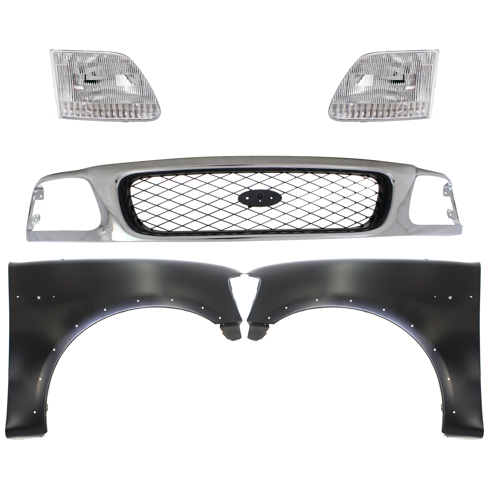 AM F 150 F 250-97-98 GRILLE Chrome Shell with Black Insert 5 pc Kit with Fenders and Headlights SKU KIT 022423-861 Partslink FO1200380 FO1240192 FO1241192 FO2503139 FO2502139 OEM F65Z8200AAN 2L3Z16006AA 2L3Z16
