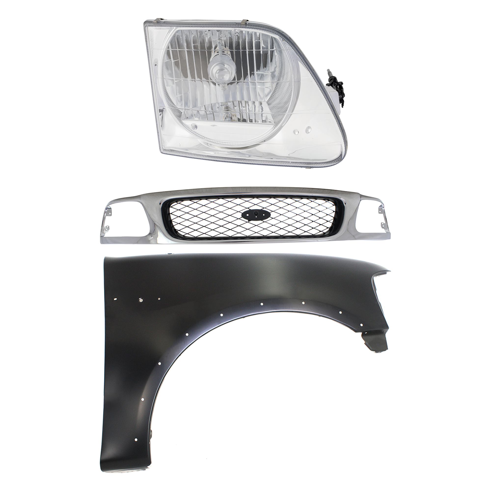 AM F 150 F 250-97-98 GRILLE Chrome Shell with Black Insert 3 pc Kit with Fender and Headlight SKU KIT 022423-86201 Partslink FO1200380 FO1241192 FO2503182 OEM F65Z8200AAN 2L3Z16005AA 3L3Z13
