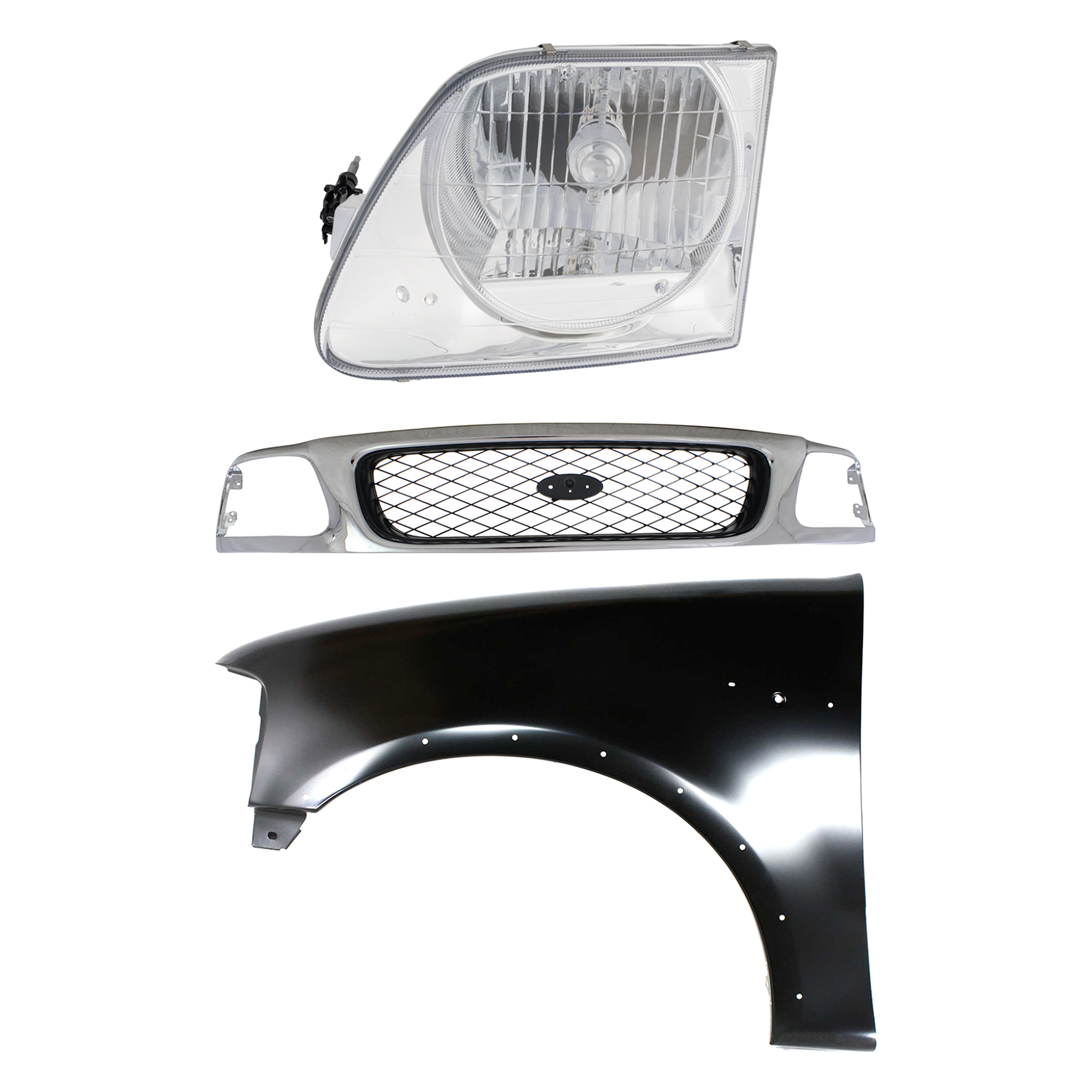 AM F 150 F 250-97-98 GRILLE Chrome Shell with Black Insert 3 pc Kit with Fender and Headlight SKU KIT 022423-86202 Partslink FO1200380 FO1240192 FO2502182 OEM F65Z8200AAN 2L3Z16006AA 3L3Z13
