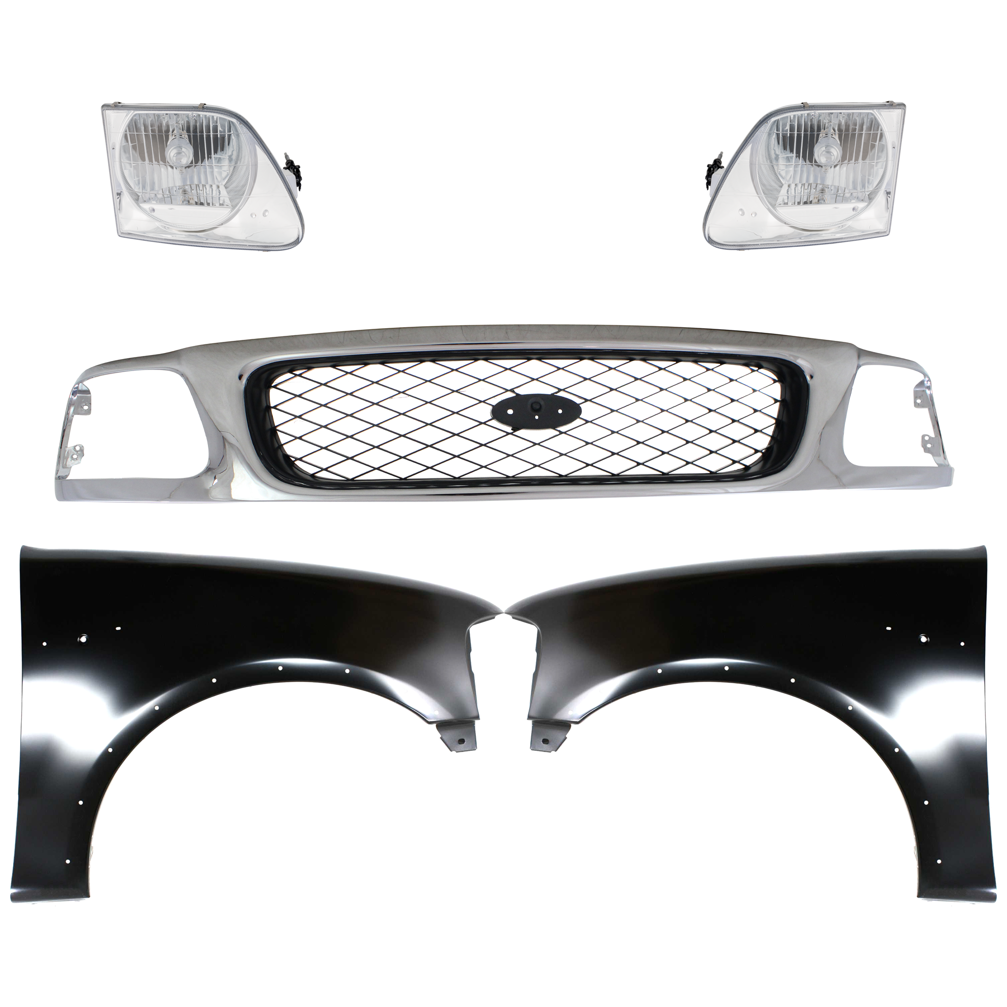 AM F 150 F 250-97-98 GRILLE Chrome Shell with Black Insert 5 pc Kit with Fenders and Headlights SKU KIT 022423-862 Partslink FO1200380 FO1240192 FO1241192 FO2503182 FO2502182 OEM F65Z8200AAN 2L3Z16006AA 2L3Z16