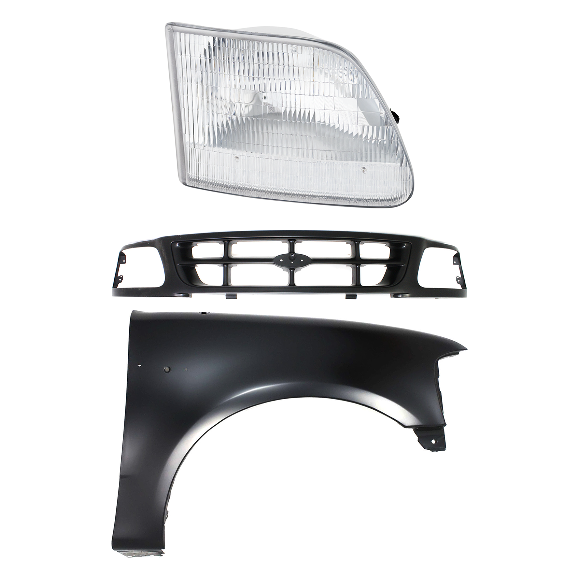 AM F 150 F 250-97-98 GRILLE Black Shell and Insert 3 pc Kit with Fender and Headlight SKU KIT 022423-86701 Partslink FO1200319 FO1241191 FO2503139 OEM 1L3Z8200ACA 2L3Z16005BA 3L3Z13