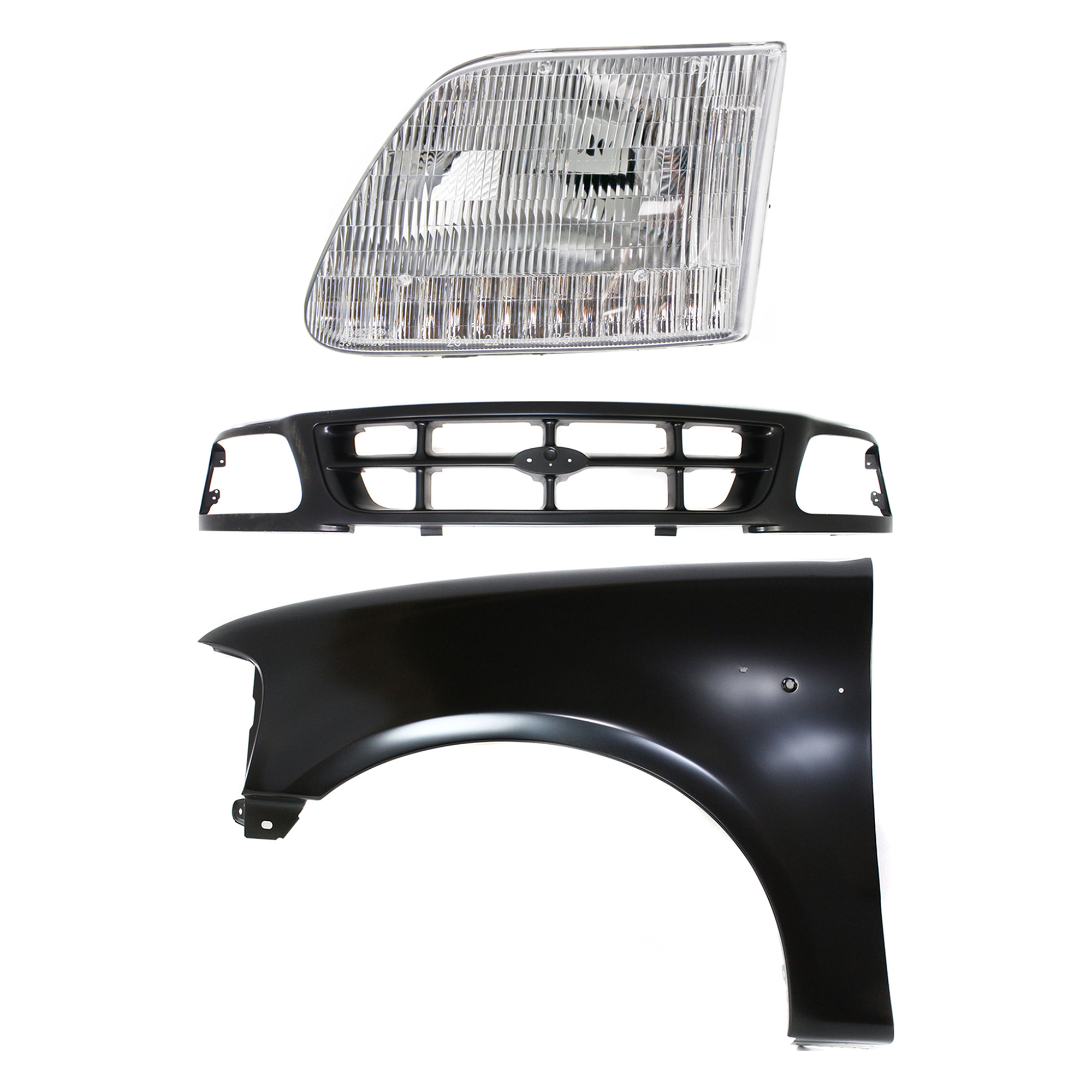AM F 150 F 250-97-98 FRONT FENDER LH Primed 3 pc Kit with Grille and Headlight SKU KIT 022423-86702 Partslink FO1240191 FO1200319 FO2502139 OEM 2L3Z16006BA 1L3Z8200ACA 3L3Z13