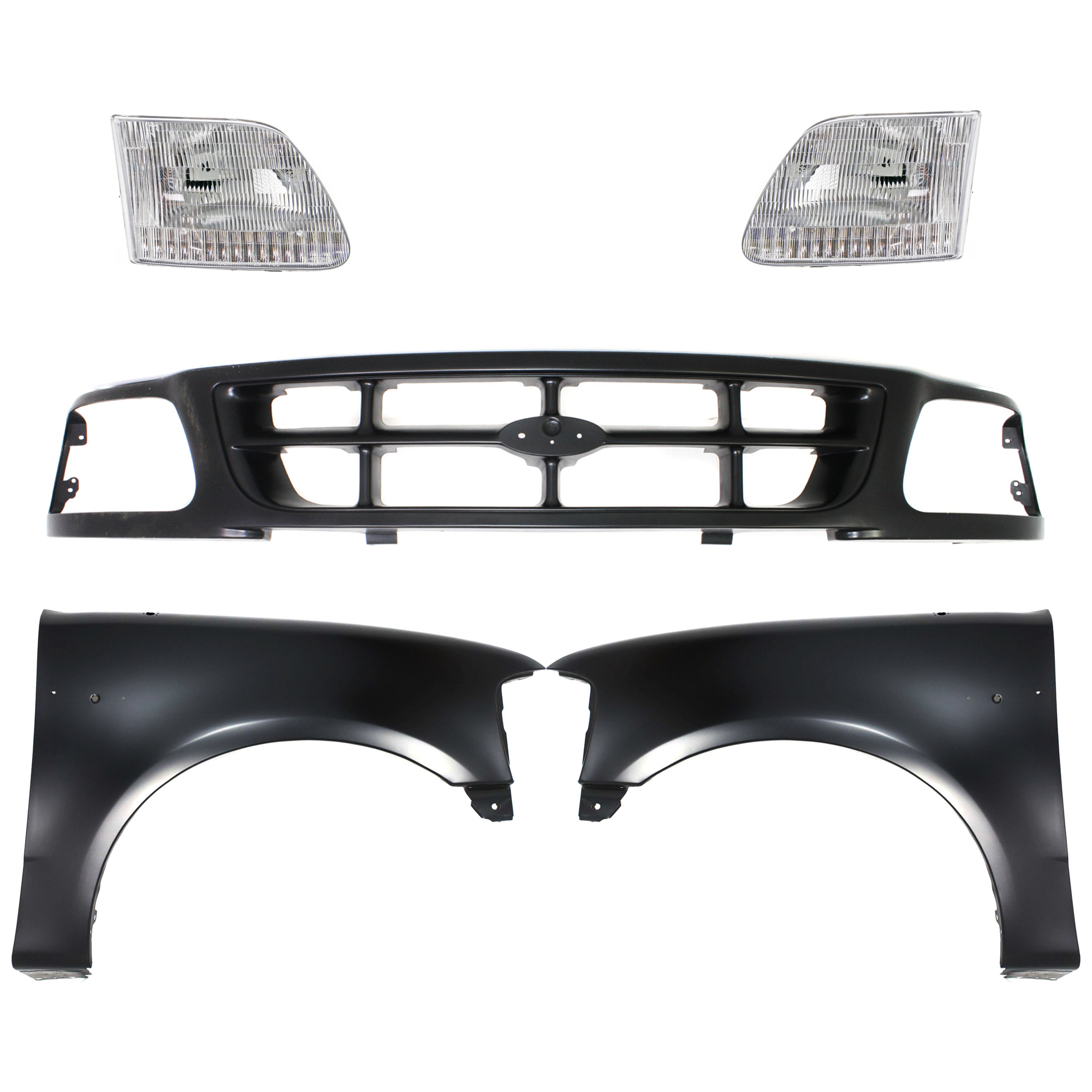 AM F 150 F 250-97-98 FRONT FENDER RH AND LH Primed 5 pc Kit with Grille and Headlights SKU KIT 022423-867 Partslink FO1240191 FO1241191 FO1200319 FO2503139 FO2502139 OEM 2L3Z16005BA 2L3Z16006BA 1L3Z82