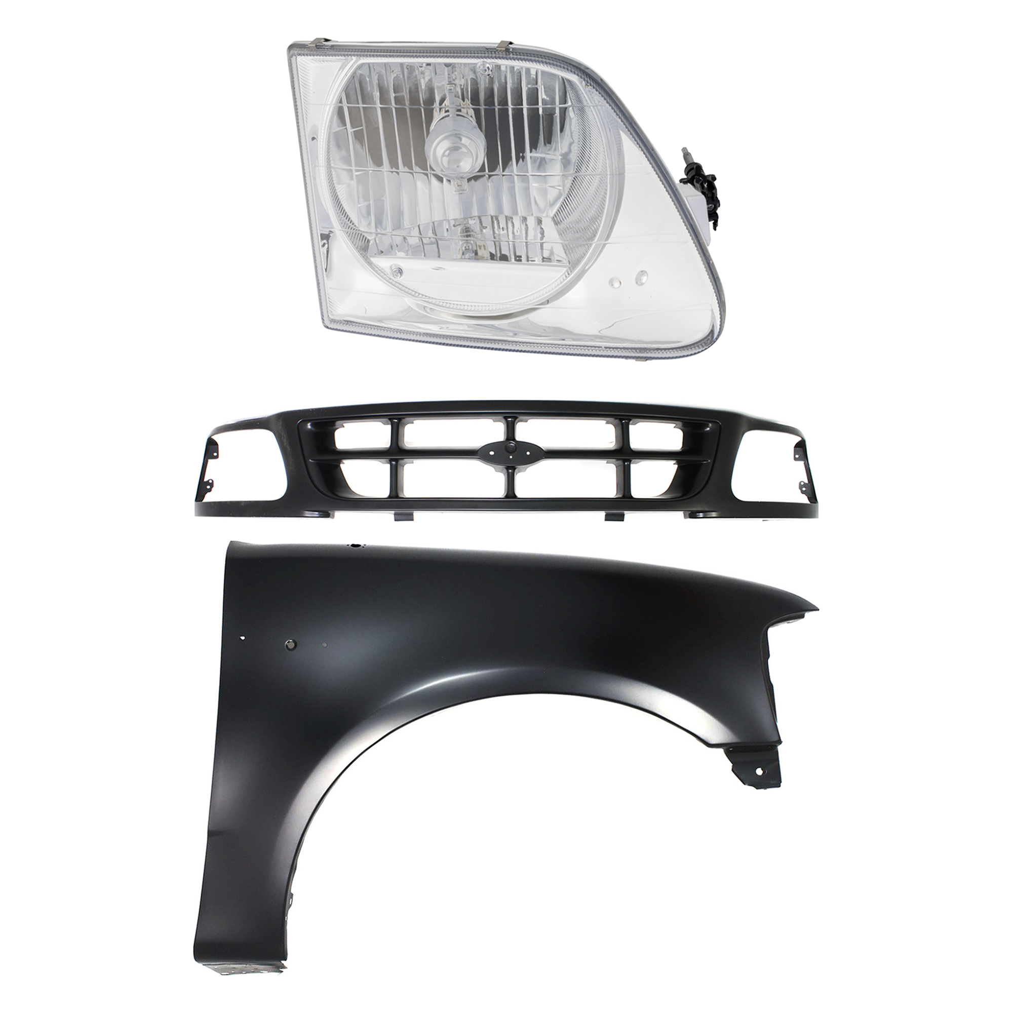 AM F 150 F 250-97-98 GRILLE Black Shell and Insert 3 pc Kit with Fender and Headlight SKU KIT 022423-86801 Partslink FO1200319 FO1241191 FO2503182 OEM 1L3Z8200ACA 2L3Z16005BA 3L3Z13