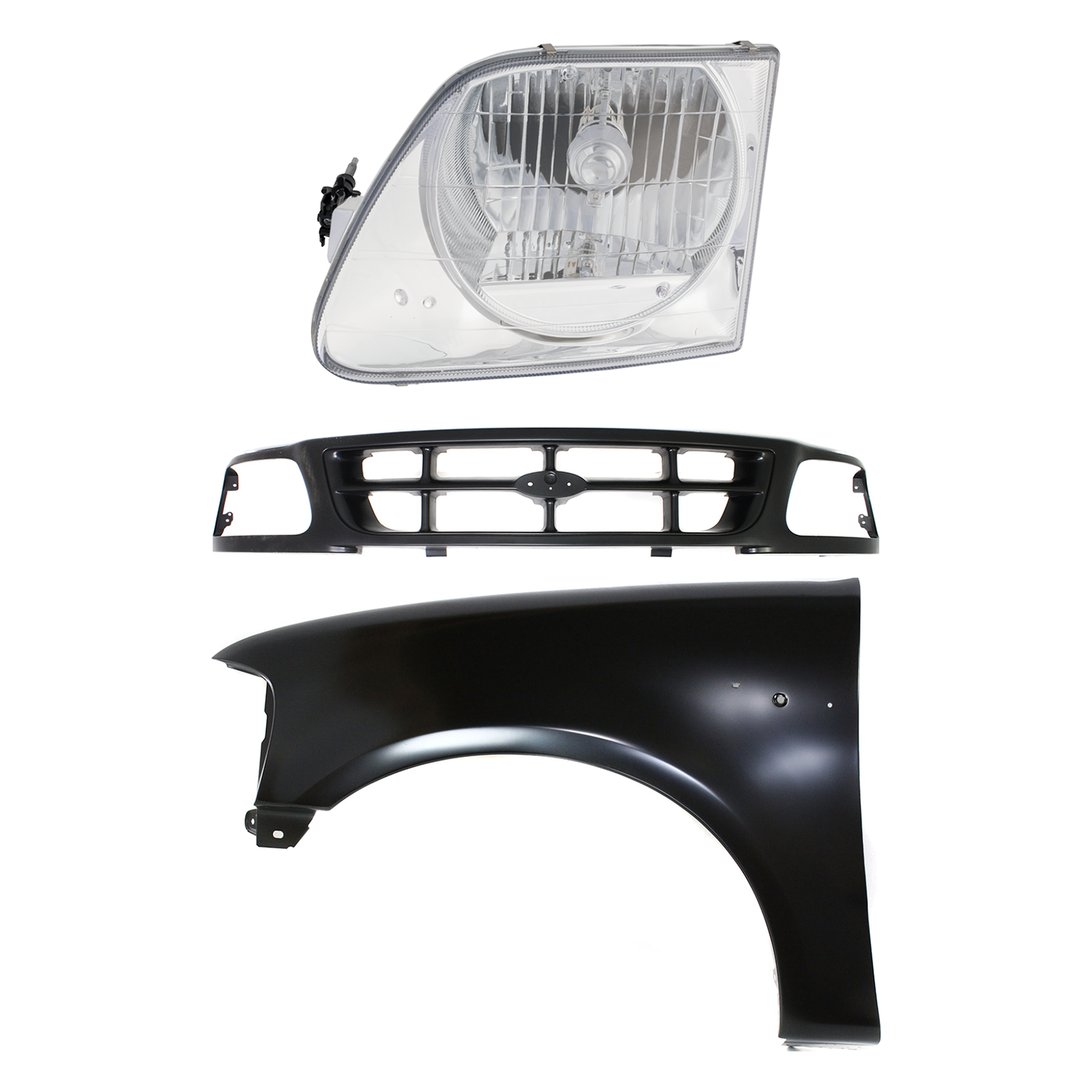 AM F 150 F 250-97-98 FRONT FENDER LH Primed 3 pc Kit with Grille and Headlight SKU KIT 022423-86802 Partslink FO1240191 FO1200319 FO2502182 OEM 2L3Z16006BA 1L3Z8200ACA 3L3Z13