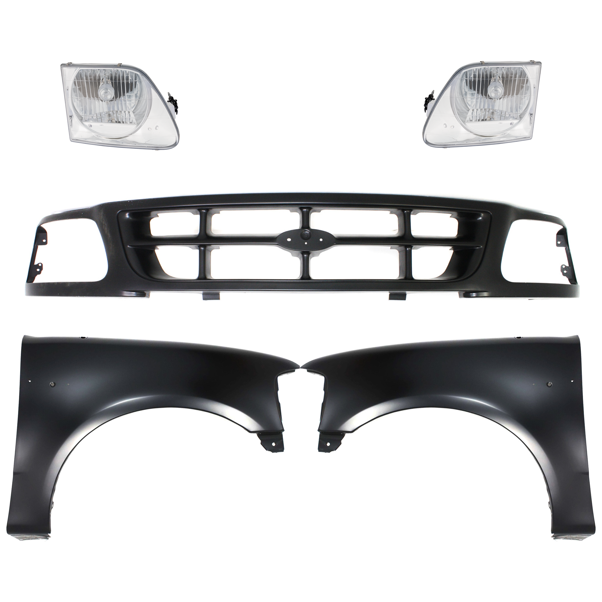 AM F 150 F 250-97-98 FRONT FENDER RH AND LH Primed 5 pc Kit with Grille and Headlights SKU KIT 022423-868 Partslink FO1240191 FO1241191 FO1200319 FO2503182 FO2502182 OEM 2L3Z16005BA 2L3Z16006BA 1L3Z82