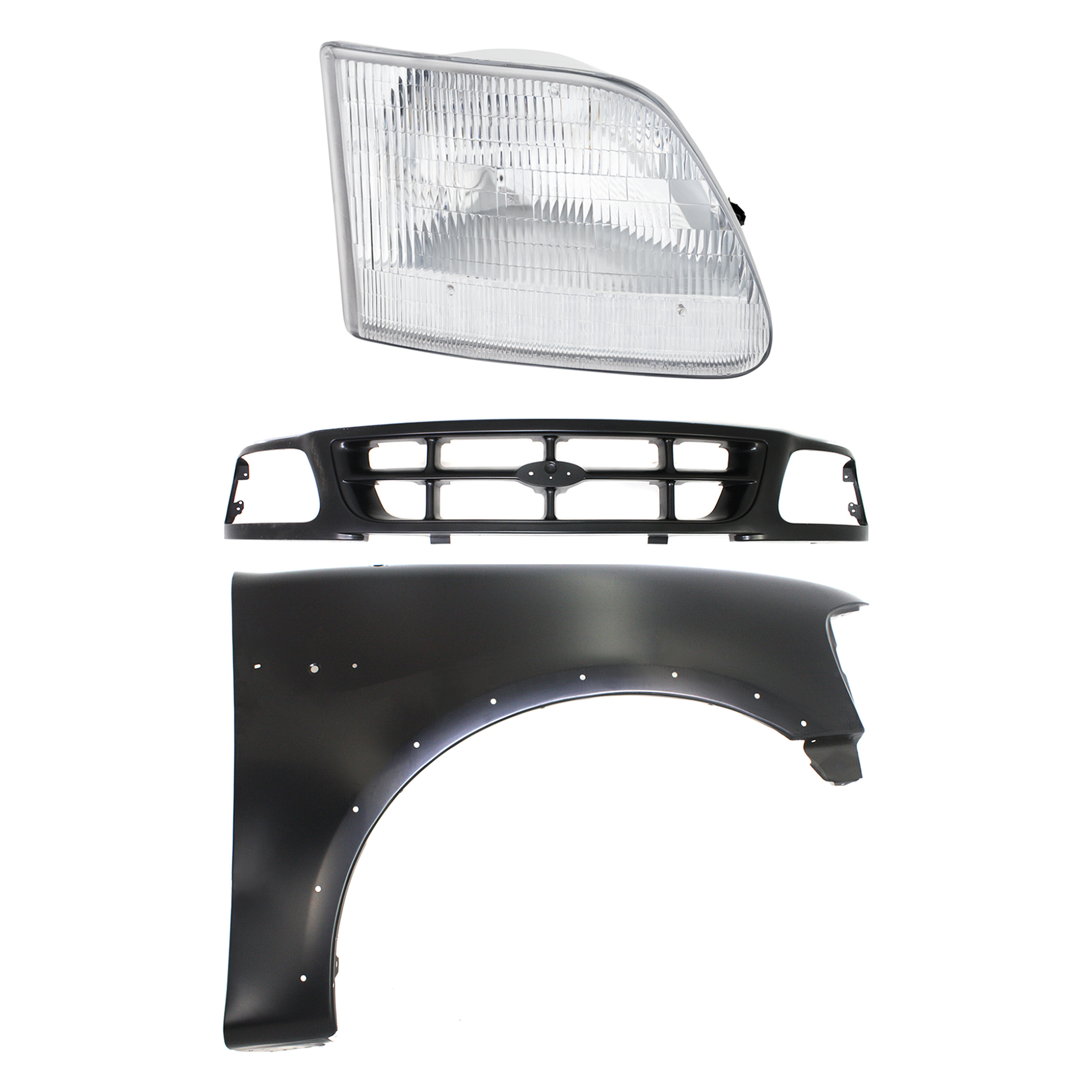AM F 150 F 250-97-98 FRONT FENDER RH Primed 3 pc Kit with Grille and Headlight SKU KIT 022423-87001 Partslink FO1241192 FO1200319 FO2503139 OEM 2L3Z16005AA 1L3Z8200ACA 3L3Z13