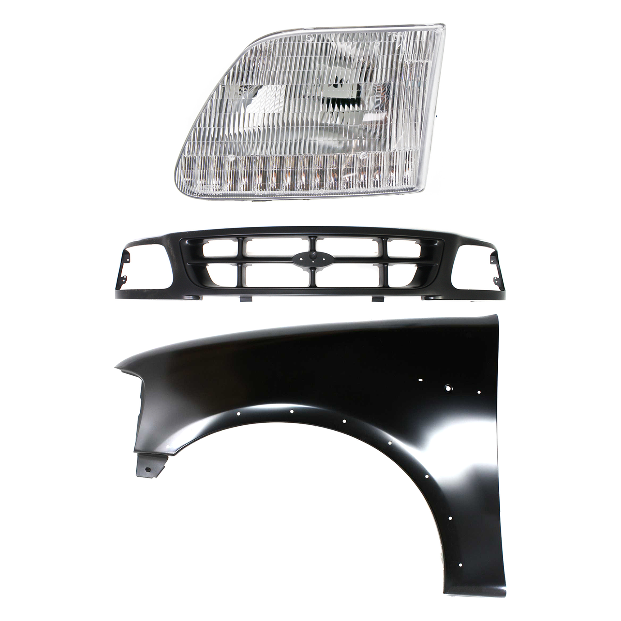 AM F 150 F 250-97-98 FRONT FENDER LH Primed 3 pc Kit with Grille and Headlight SKU KIT 022423-87002 Partslink FO1240192 FO1200319 FO2502139 OEM 2L3Z16006AA 1L3Z8200ACA 3L3Z13