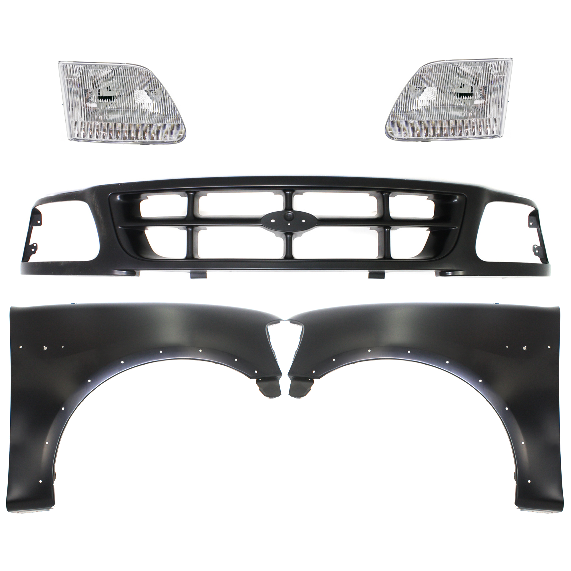 AM F 150 F 250-97-98 FRONT FENDER RH AND LH Primed 5 pc Kit with Grille and Headlights SKU KIT 022423-870 Partslink FO1240192 FO1241192 FO1200319 FO2503139 FO2502139 OEM 2L3Z16005AA 2L3Z16006AA 1L3Z82