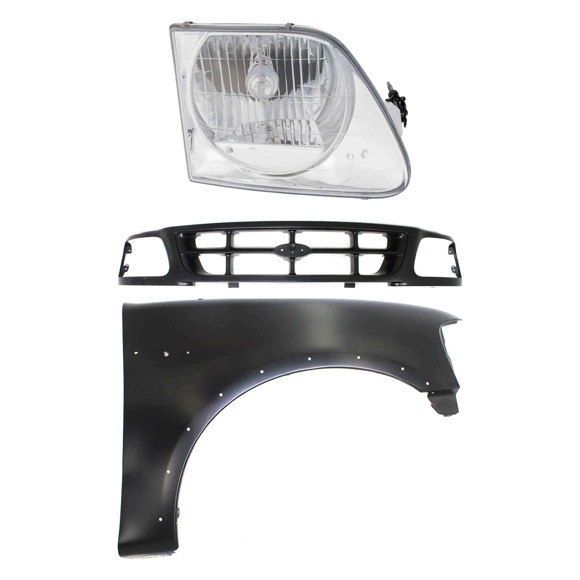 AM F 150 F 250-97-98 FRONT FENDER RH Primed 3 pc Kit with Grille and Headlight SKU KIT 022423-87101 Partslink FO1241192 FO1200319 FO2503182 OEM 2L3Z16005AA 1L3Z8200ACA 3L3Z13