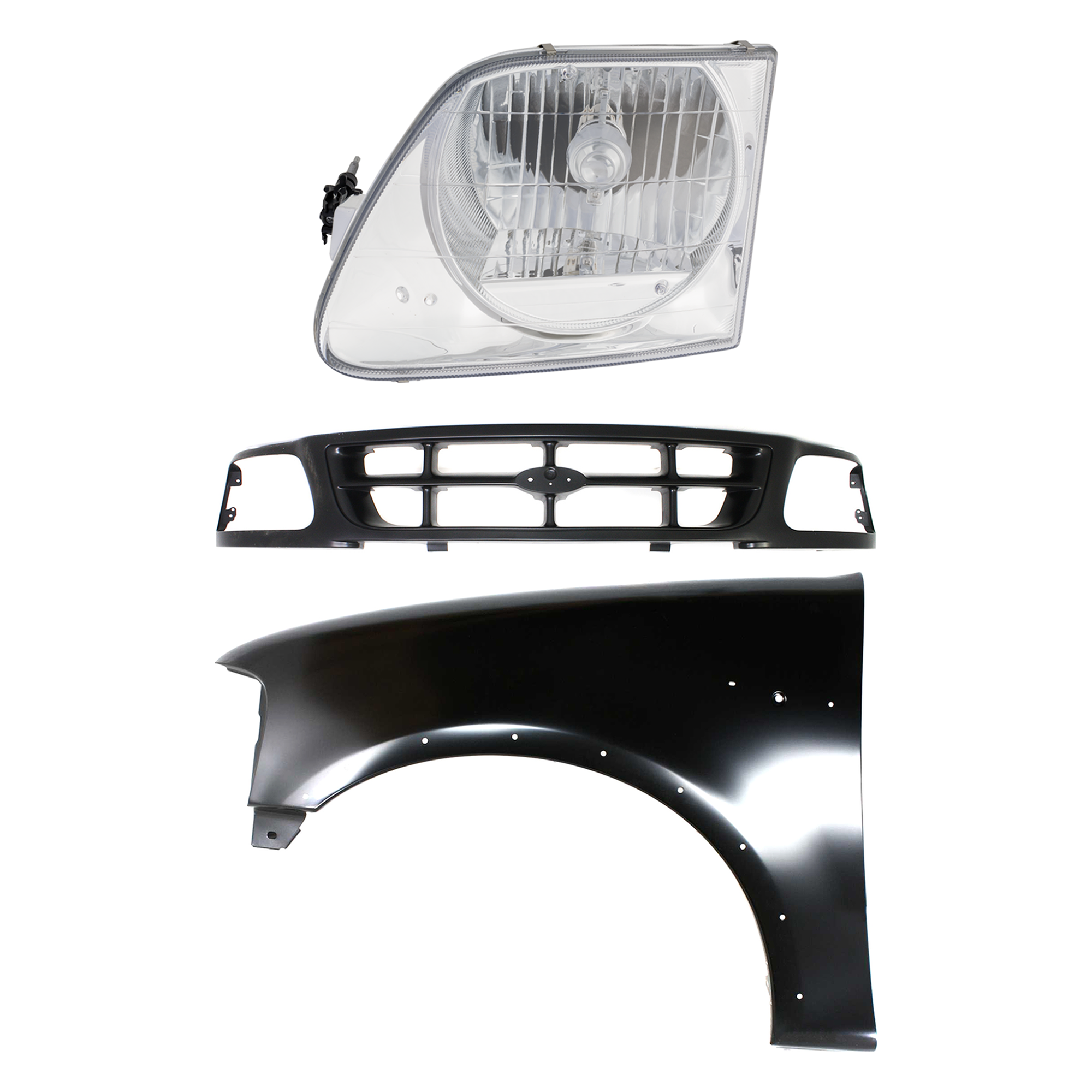 AM F 150 F 250-97-98 FRONT FENDER LH Primed 3 pc Kit with Grille and Headlight SKU KIT 022423-87102 Partslink FO1240192 FO1200319 FO2502182 OEM 2L3Z16006AA 1L3Z8200ACA 3L3Z13