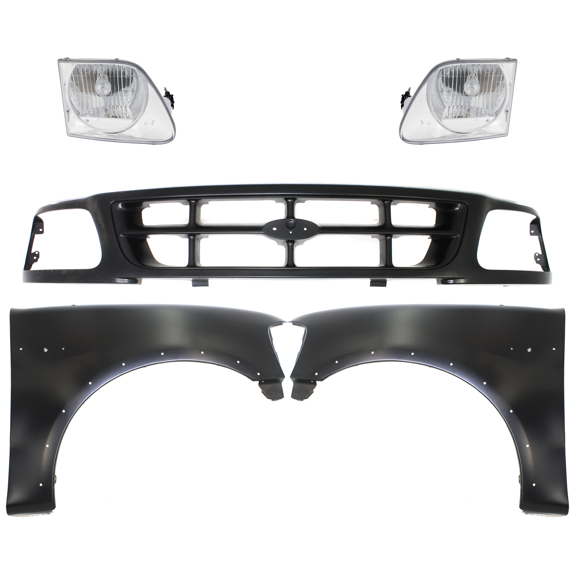 AM F 150 F 250-97-98 FRONT FENDER RH AND LH Primed 5 pc Kit with Grille and Headlights SKU KIT 022423-871 Partslink FO1240192 FO1241192 FO1200319 FO2503182 FO2502182 OEM 2L3Z16005AA 2L3Z16006AA 1L3Z82