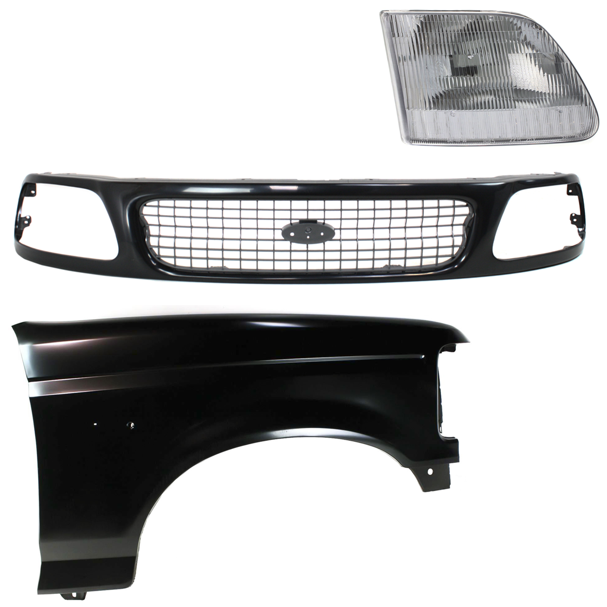 AM F 150 F 250-97-97 FRONT FENDER RH Primed 3 pc Kit with Grille and Headlight CAPA SKU KIT 022423-89101 Partslink FO1200386 FO1241136C FO2503139C OEM 3L3Z13008CA F2TZ16005A F85Z820