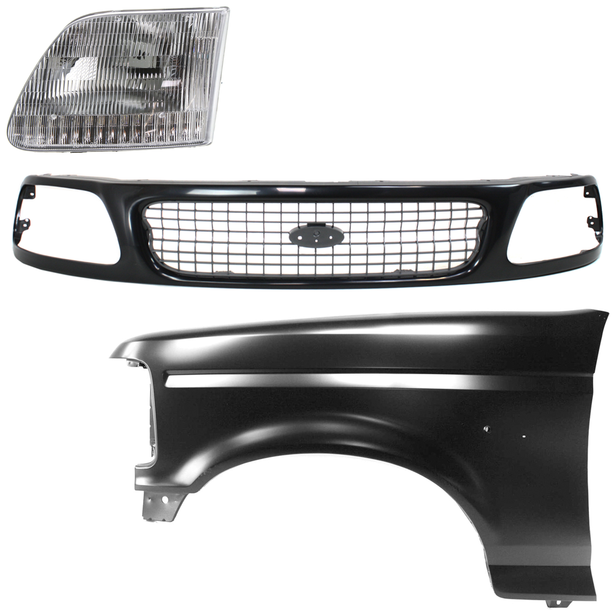 AM F 150 F 250-97-97 FRONT FENDER LH Primed 3 pc Kit with Grille and Headlight SKU KIT 022423-89102 Partslink FO1200386 FO1240138C FO2502139C OEM 3L3Z13008DA F4TZ16006A F85Z820