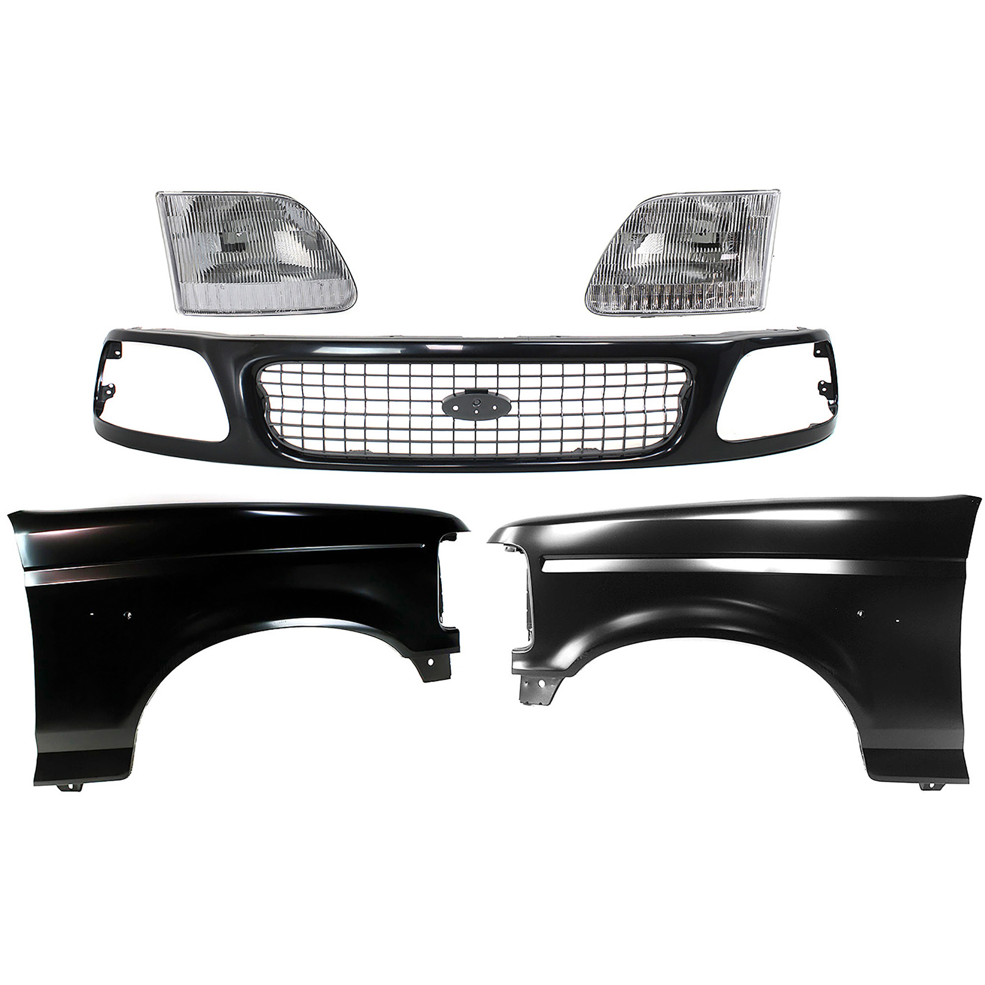 AM F 150 F 250-97-97 FRONT FENDER RH AND LH Primed 5 pc Kit with Grille and Headlights SKU KIT 022423-891 Partslink FO1200386 FO1240138C FO1241136C FO2502139C FO2503139C OEM 3L3Z13008CA 3L3Z13008DA F2TZ16