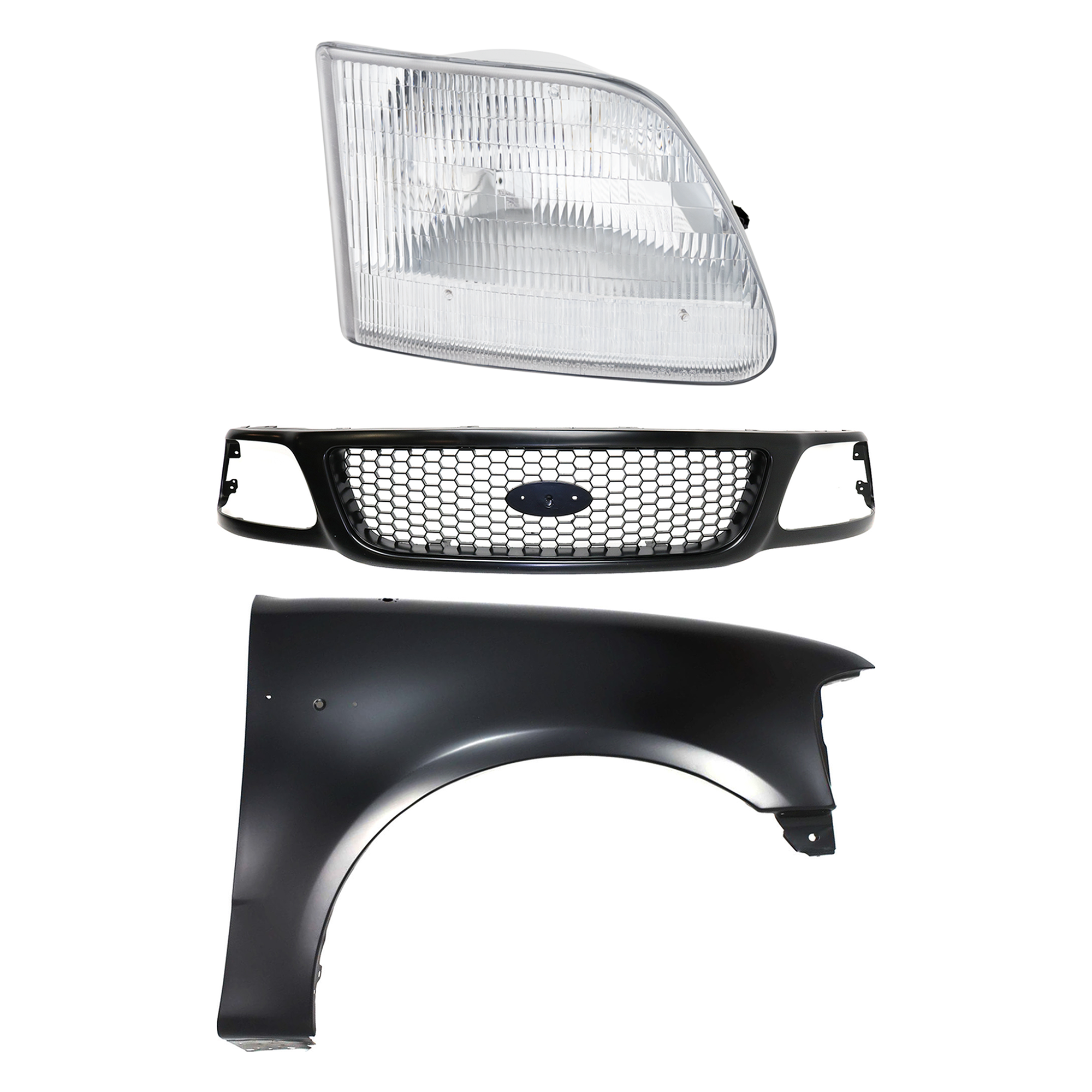 AM F 150-99-03 F 150 HERITAGE 04-04 F 250-99-99 GRILLE Paint to Match 3 pc Kit with Fender and Headlight SKU KIT 022423-90901 Partslink FO1200381 FO1241191 FO2503139 OEM 3L3Z8200BA 2L3Z16005BA 3L3Z130