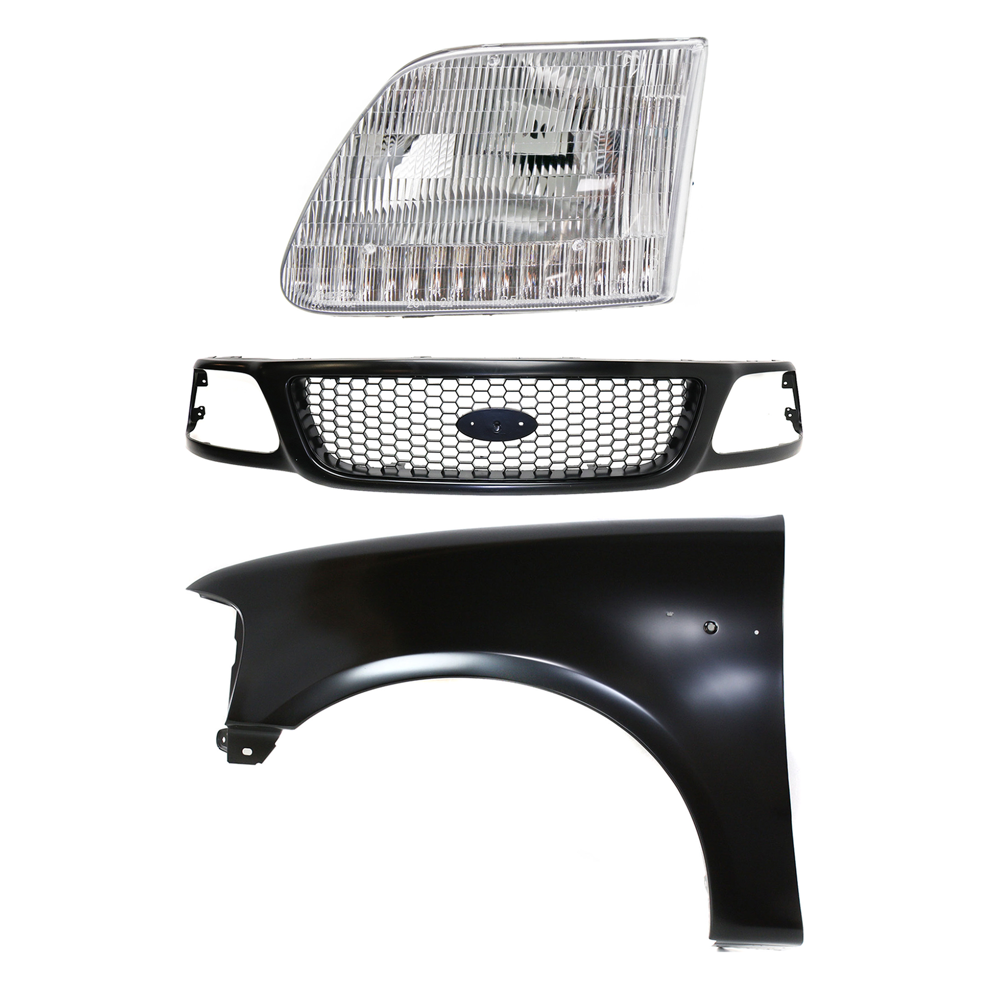 AM F 150-99-03 F 150 HERITAGE 04-04 F 250-99-99 GRILLE Paint to Match 3 pc Kit with Fender and Headlight SKU KIT 022423-90902 Partslink FO1200381 FO1240191 FO2502139 OEM 3L3Z8200BA 2L3Z16006BA 3L3Z130