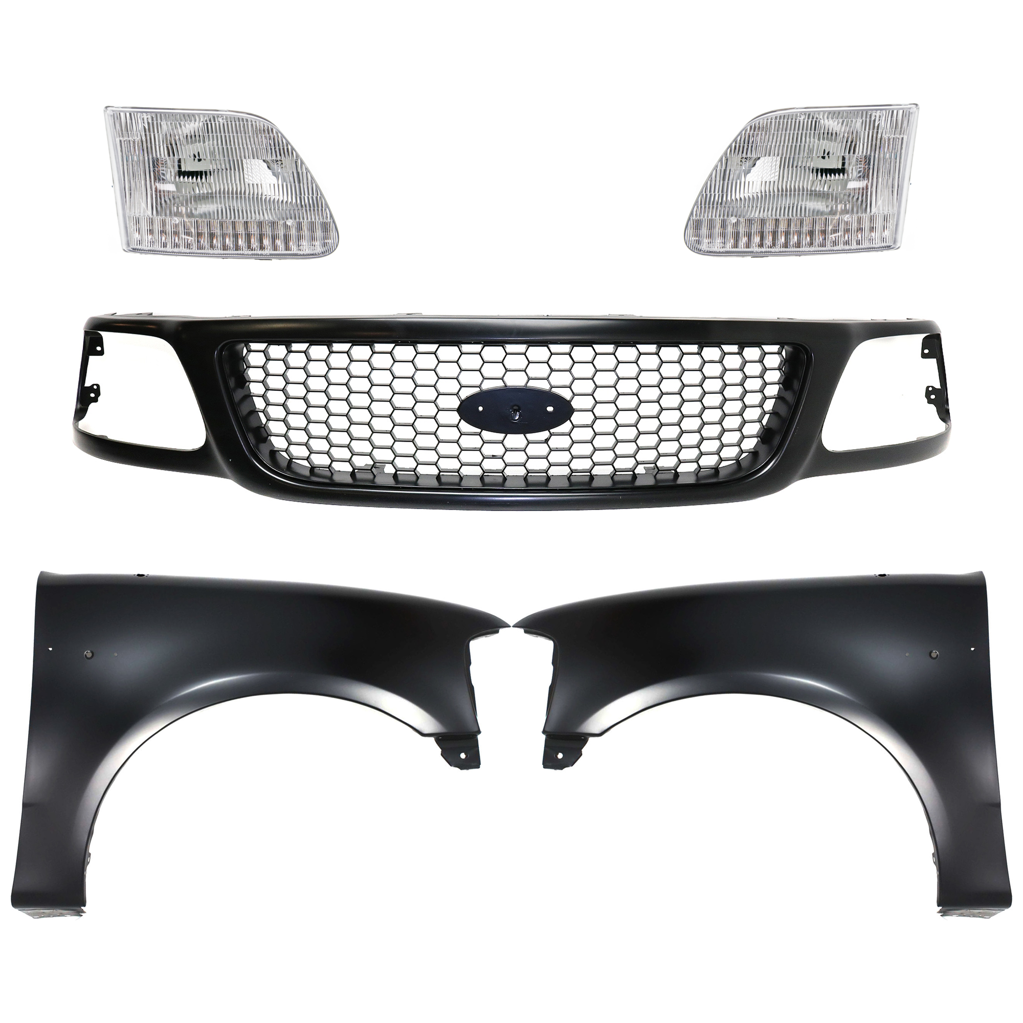 AM F 150-99-03 F 150 HERITAGE 04-04 F 250-99-99 GRILLE Paint to Match 5 pc Kit with Fenders and Headlights SKU KIT 022423-909 Partslink FO1200381 FO1241191 FO1240191 FO2503139 FO2502139 OEM 3L3Z8200BA 2L3Z16005BA 2L3Z160