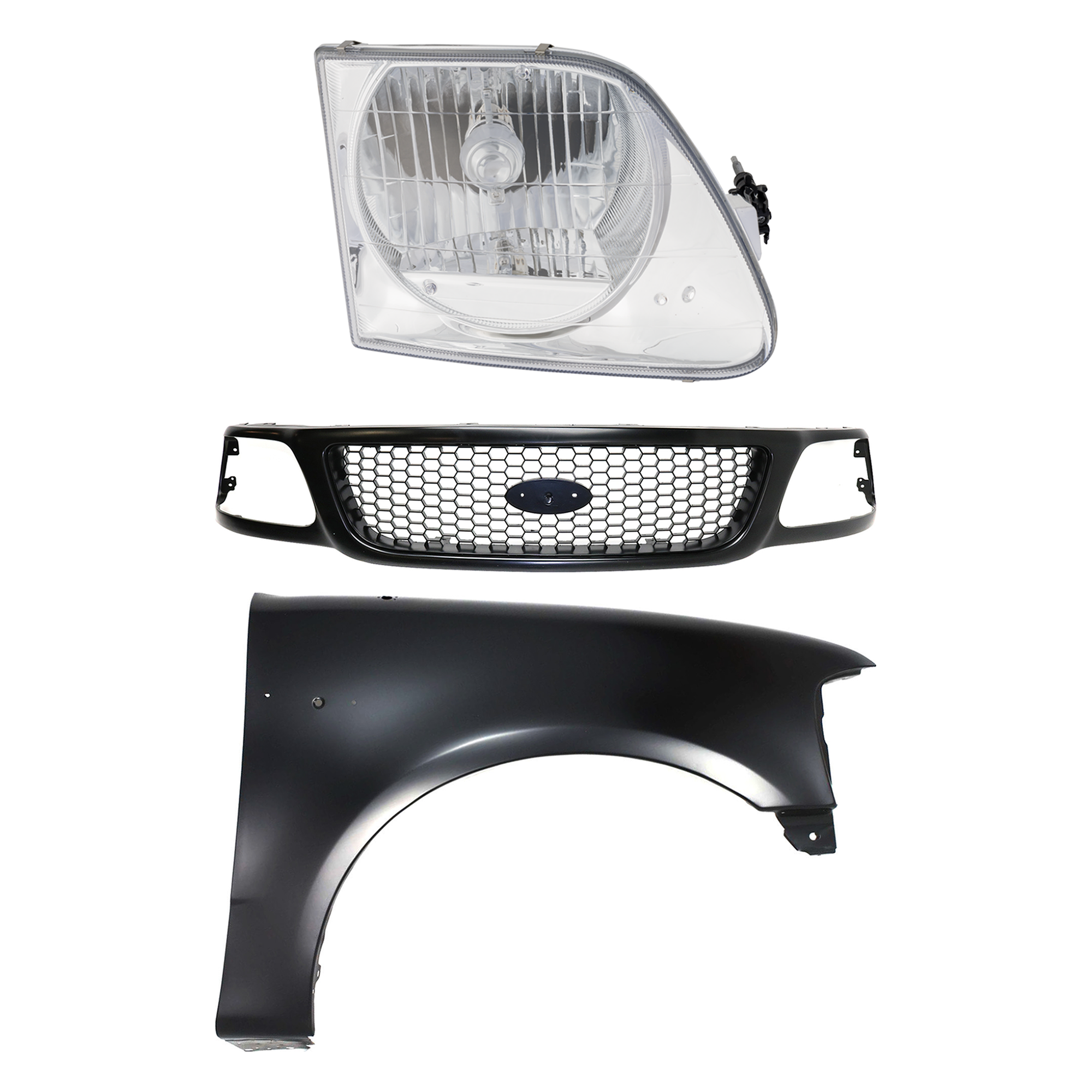 AM F 150-99-03 F 150 HERITAGE 04-04 F 250-99-99 GRILLE Paint to Match 3 pc Kit with Fender and Headlight SKU KIT 022423-91001 Partslink FO1200381 FO1241191 FO2503182 OEM 3L3Z8200BA 2L3Z16005BA 3L3Z130