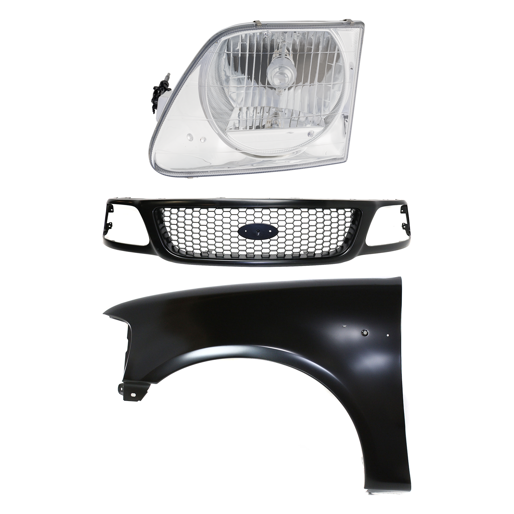 AM F 150-99-03 F 150 HERITAGE 04-04 F 250-99-99 GRILLE Paint to Match 3 pc Kit with Fender and Headlight SKU KIT 022423-91002 Partslink FO1200381 FO1240191 FO2502182 OEM 3L3Z8200BA 2L3Z16006BA 3L3Z130