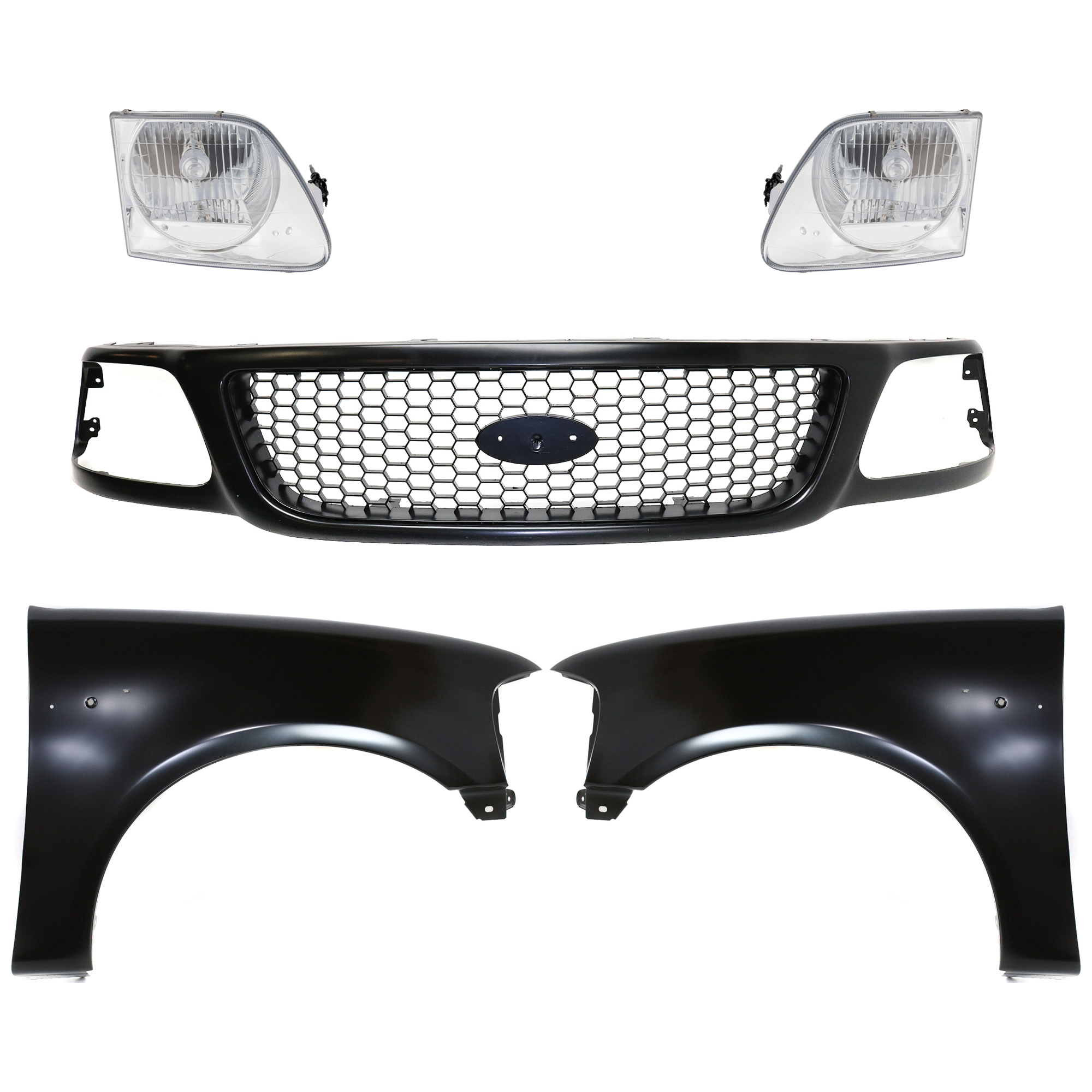 AM F 150-99-03 F 150 HERITAGE 04-04 F 250-99-99 GRILLE Paint to Match 5 pc Kit with Fenders and Headlights SKU KIT 022423-910 Partslink FO1200381 FO1241191 FO1240191 FO2503182 FO2502182 OEM 3L3Z8200BA 2L3Z16005BA 2L3Z160