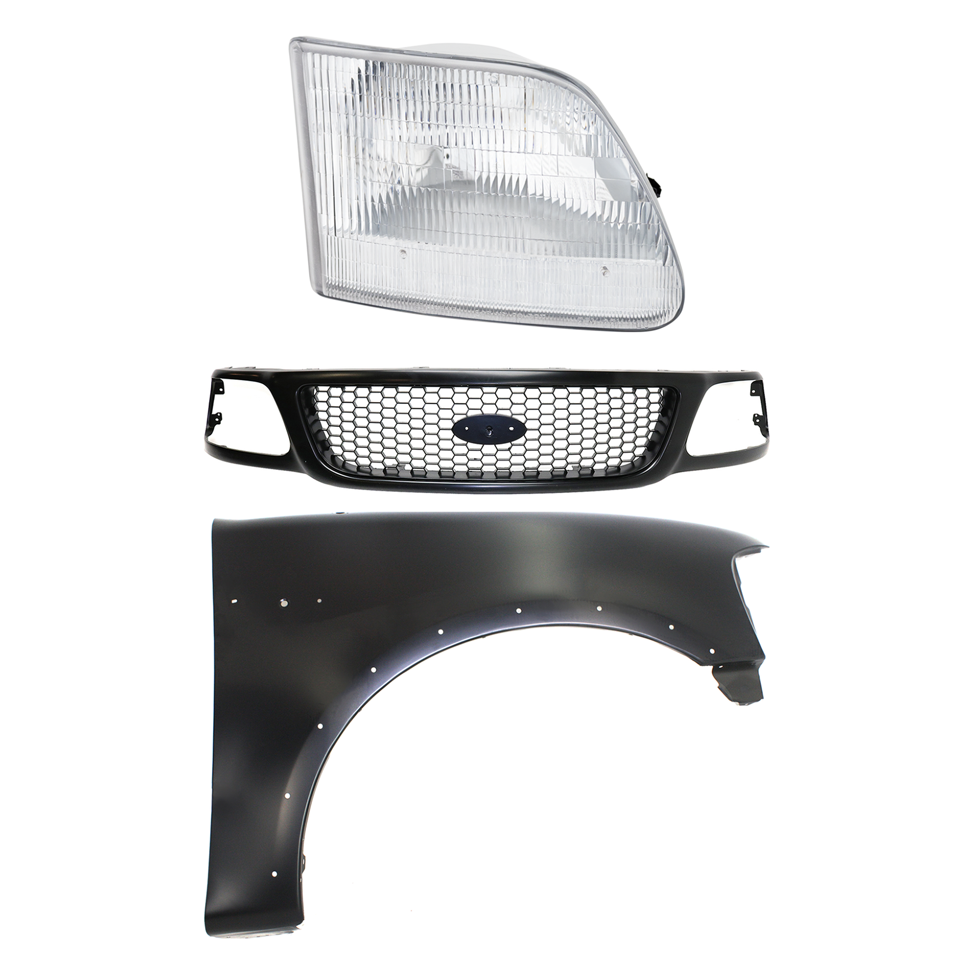 AM F 150-99-03 F 150 HERITAGE 04-04 F 250-99-99 GRILLE Paint to Match 3 pc Kit with Fender and Headlight SKU KIT 022423-91101 Partslink FO1200381 FO1241192 FO2503139 OEM 3L3Z8200BA 2L3Z16005AA 3L3Z130