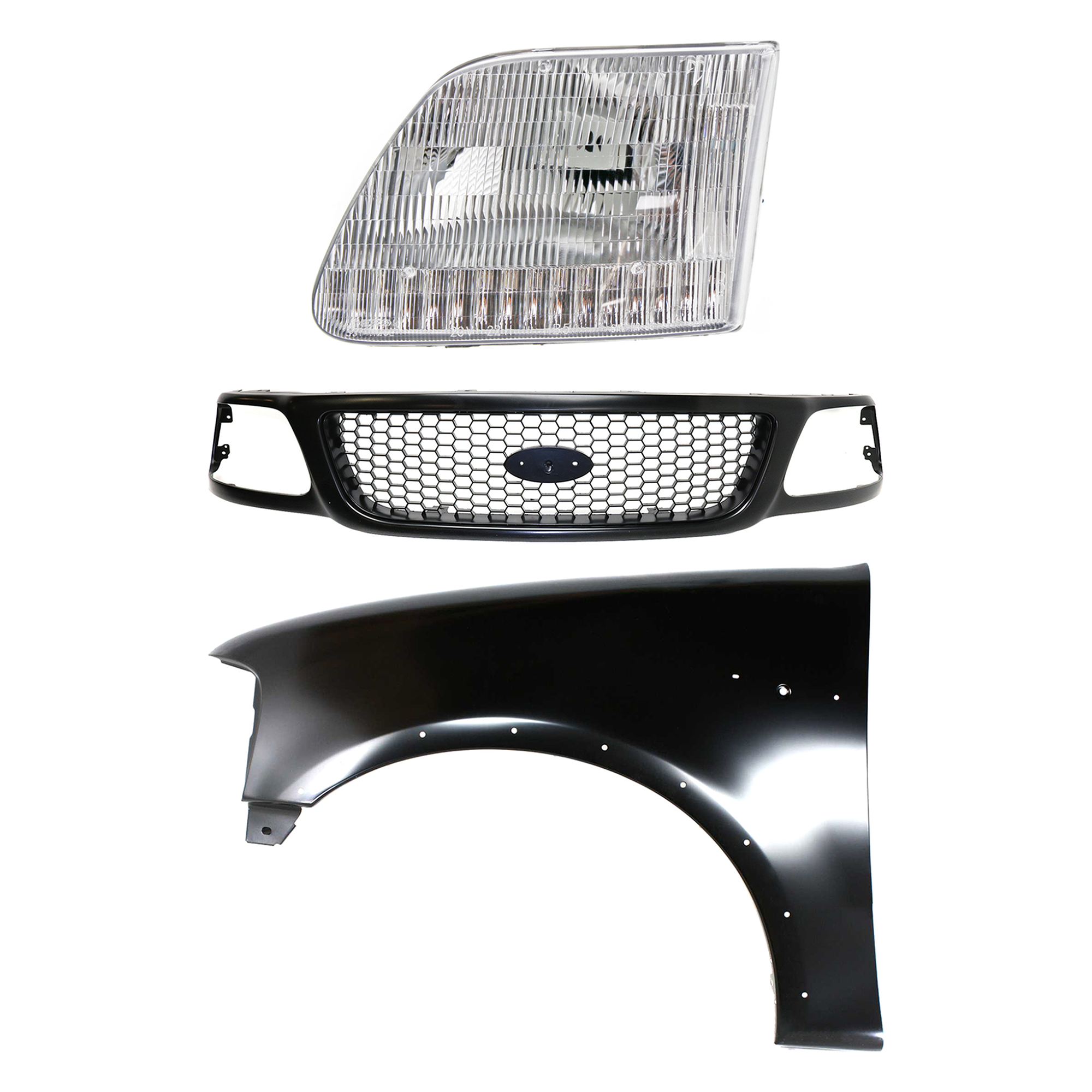AM F 150-99-03 F 150 HERITAGE 04-04 F 250-99-99 GRILLE Paint to Match 3 pc Kit with Fender and Headlight SKU KIT 022423-91102 Partslink FO1200381 FO1240192 FO2502139 OEM 3L3Z8200BA 2L3Z16006AA 3L3Z130