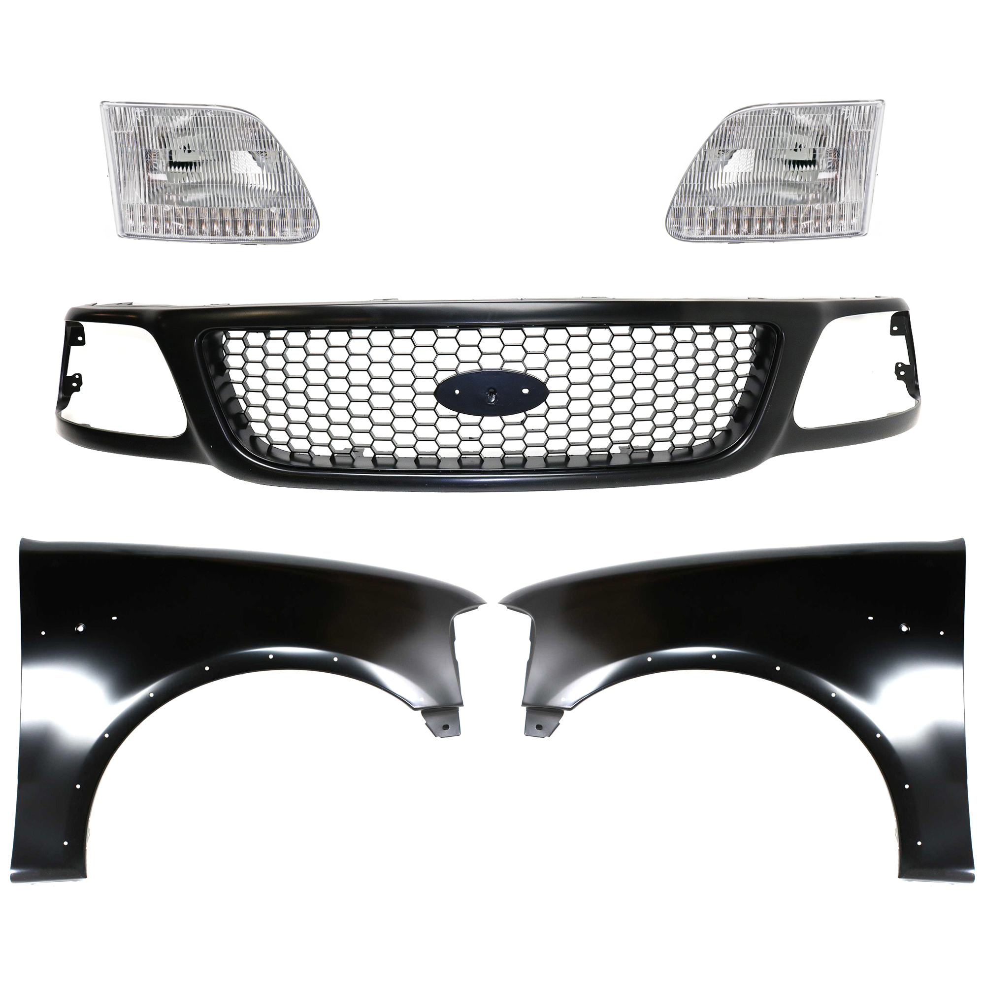 AM F 150-99-03 F 150 HERITAGE 04-04 F 250-99-99 GRILLE Paint to Match 5 pc Kit with Fenders and Headlights SKU KIT 022423-911 Partslink FO1200381 FO1240192 FO1241192 FO2503139 FO2502139 OEM 3L3Z8200BA 2L3Z16006AA 2L3Z160