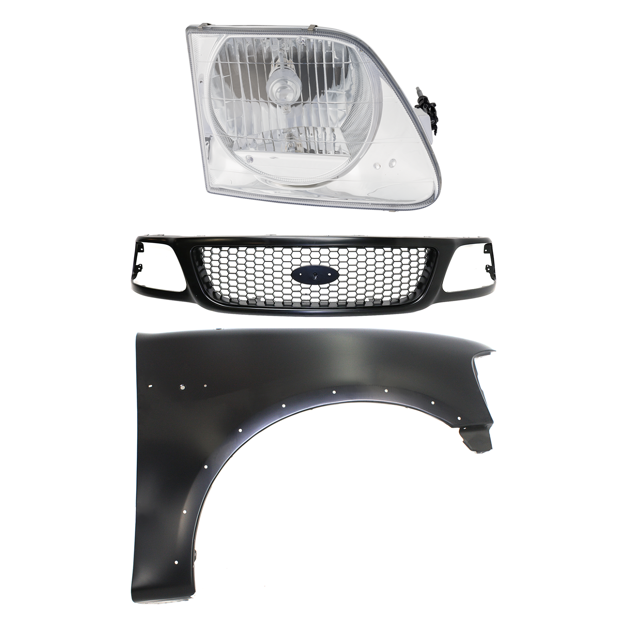 AM F 150-99-03 F 150 HERITAGE 04-04 F 250-99-99 GRILLE Paint to Match 3 pc Kit with Fender and Headlight SKU KIT 022423-91201 Partslink FO1200381 FO1241192 FO2503182 OEM 3L3Z8200BA 2L3Z16005AA 3L3Z130