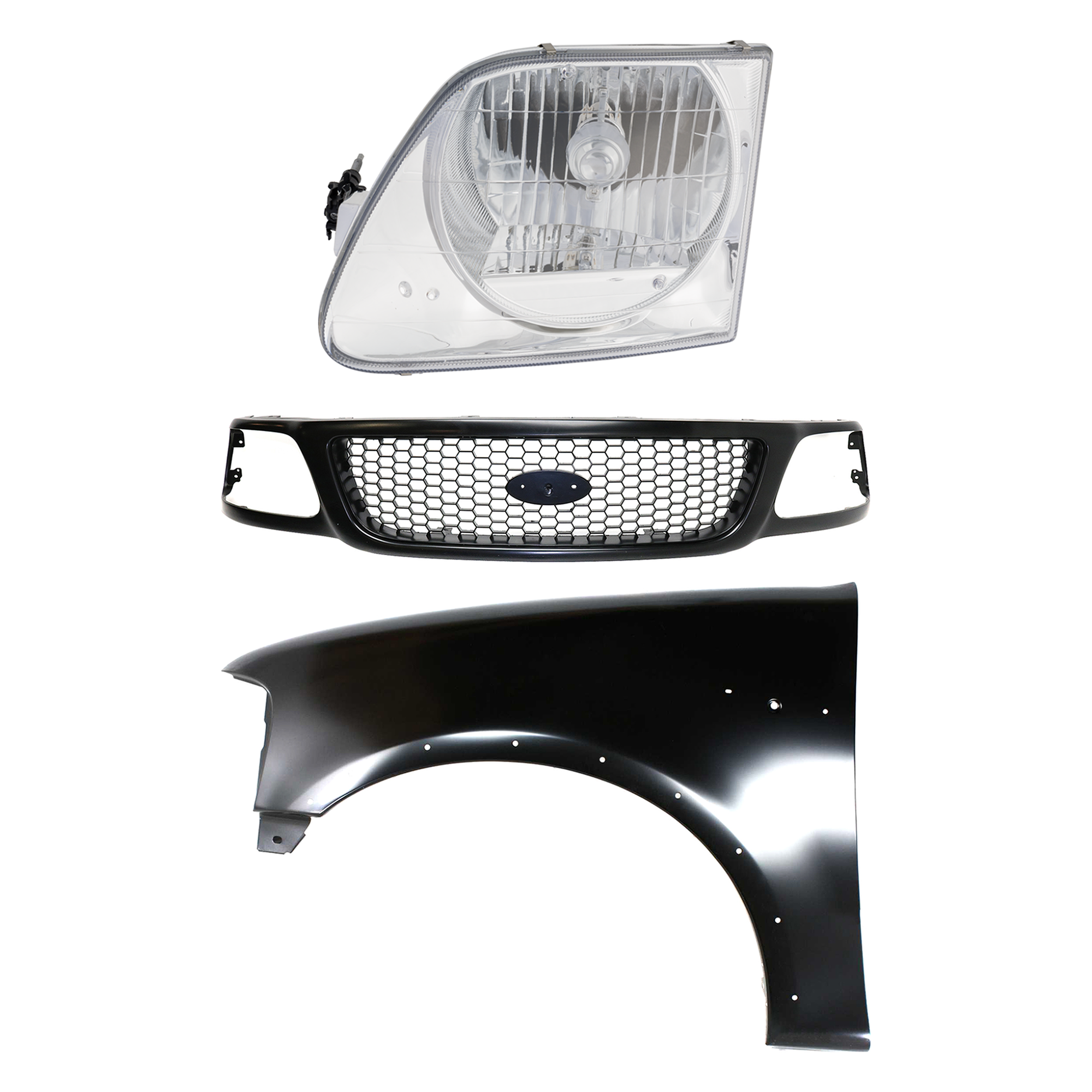 AM F 150-99-03 F 150 HERITAGE 04-04 F 250-99-99 GRILLE Paint to Match 3 pc Kit with Fender and Headlight SKU KIT 022423-91202 Partslink FO1200381 FO1240192 FO2502182 OEM 3L3Z8200BA 2L3Z16006AA 3L3Z130