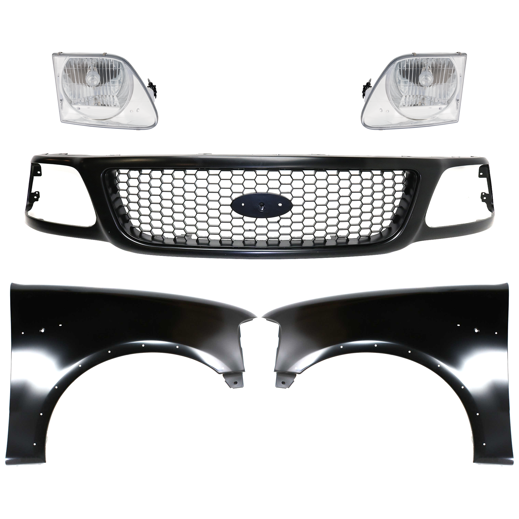 AM F 150-99-03 F 150 HERITAGE 04-04 F 250-99-99 GRILLE Paint to Match 5 pc Kit with Fenders and Headlights SKU KIT 022423-912 Partslink FO1200381 FO1240192 FO1241192 FO2503182 FO2502182 OEM 3L3Z8200BA 2L3Z16006AA 2L3Z160