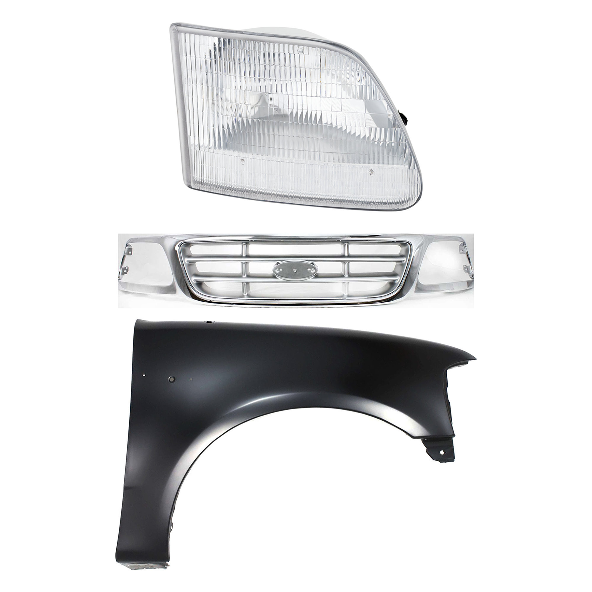 AM F 150-99-03 F 150 HERITAGE 04-04 F 250-99-99 GRILLE Chrome Shell with Paintable Insert 3 pc Kit with Fender and Headlight SKU KIT 022423-91301 Partslink FO1200371 FO1241191 FO2503139 OEM 3L3Z8200AB 2L3Z16005BA 3L3Z130