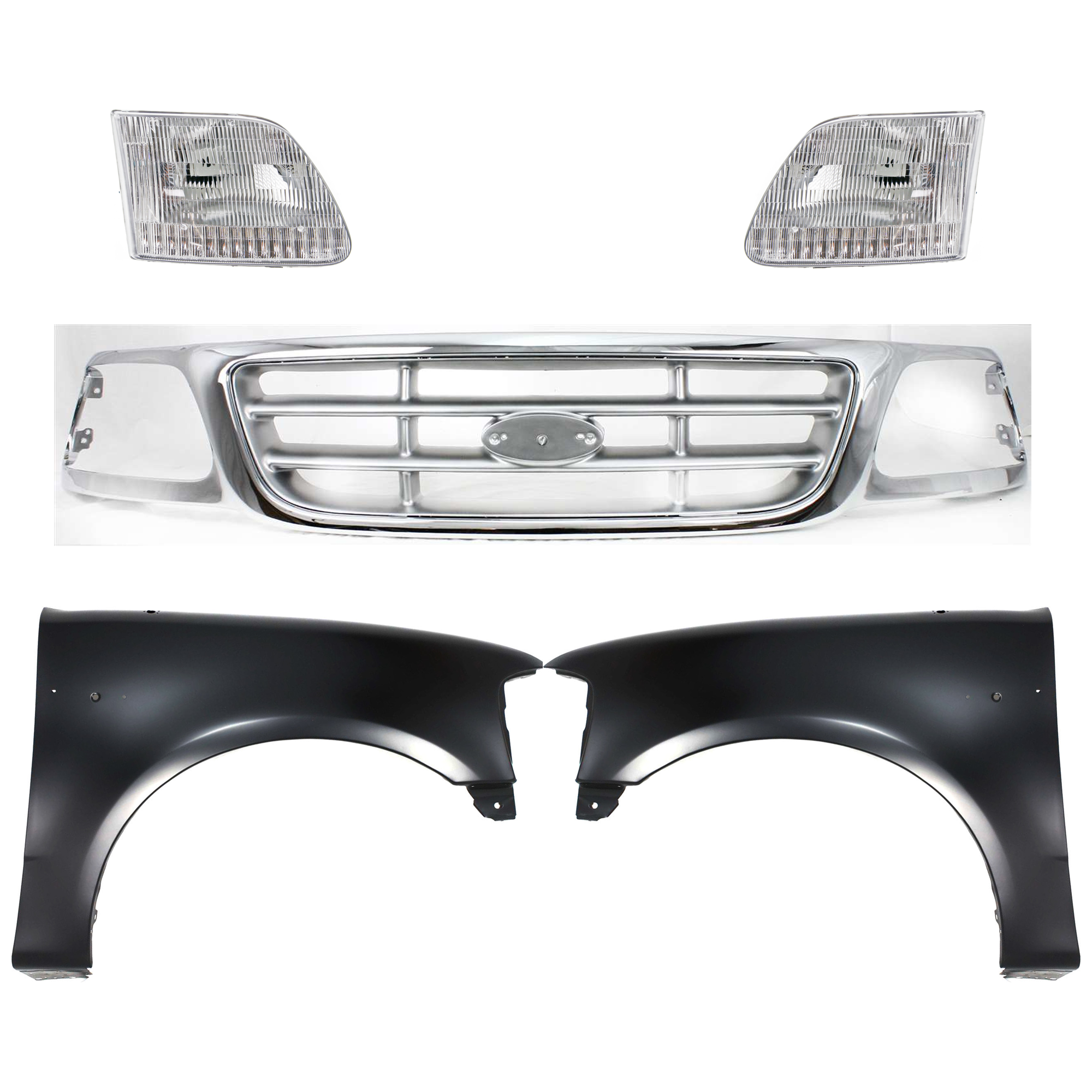 AM F 150-99-03 F 150 HERITAGE 04-04 F 250-99-99 GRILLE Chrome Shell with Paintable Insert 5 pc Kit with Fenders and Headlights SKU KIT 022423-913 Partslink FO1200371 FO1241191 FO1240191 FO2503139 FO2502139 OEM 3L3Z8200AB 2L3Z16005BA 2L3Z160